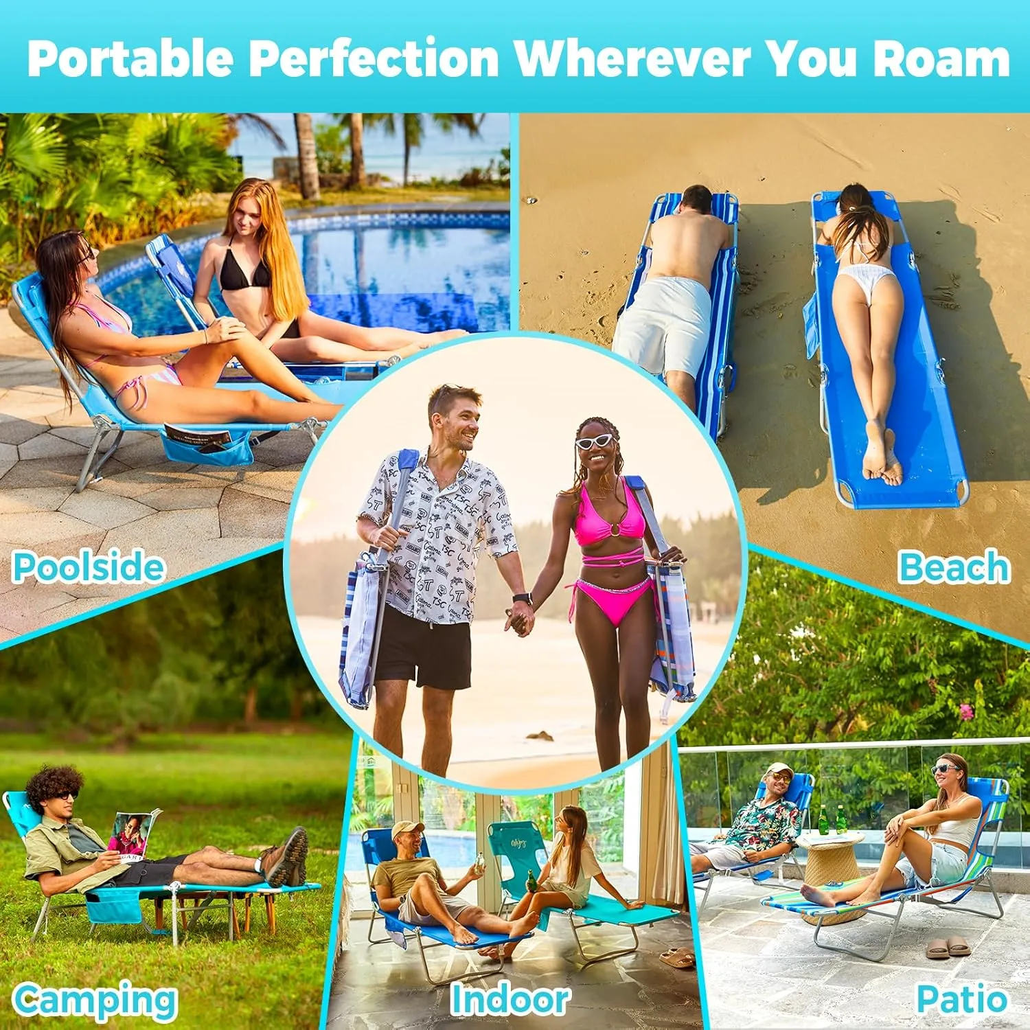 #WEJOY Folding Tanning Chair with Face Hole, 5 Positions Face Down Beach Lounge Chairs with Pillow for Outside Sunbathing Poolside (Blue)