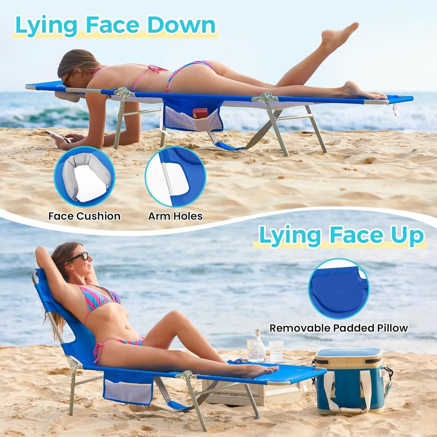 #WEJOY Folding Tanning Chair with Face Hole, 5 Positions Face Down Beach Lounge Chairs with Pillow for Outside Sunbathing Poolside (Blue)