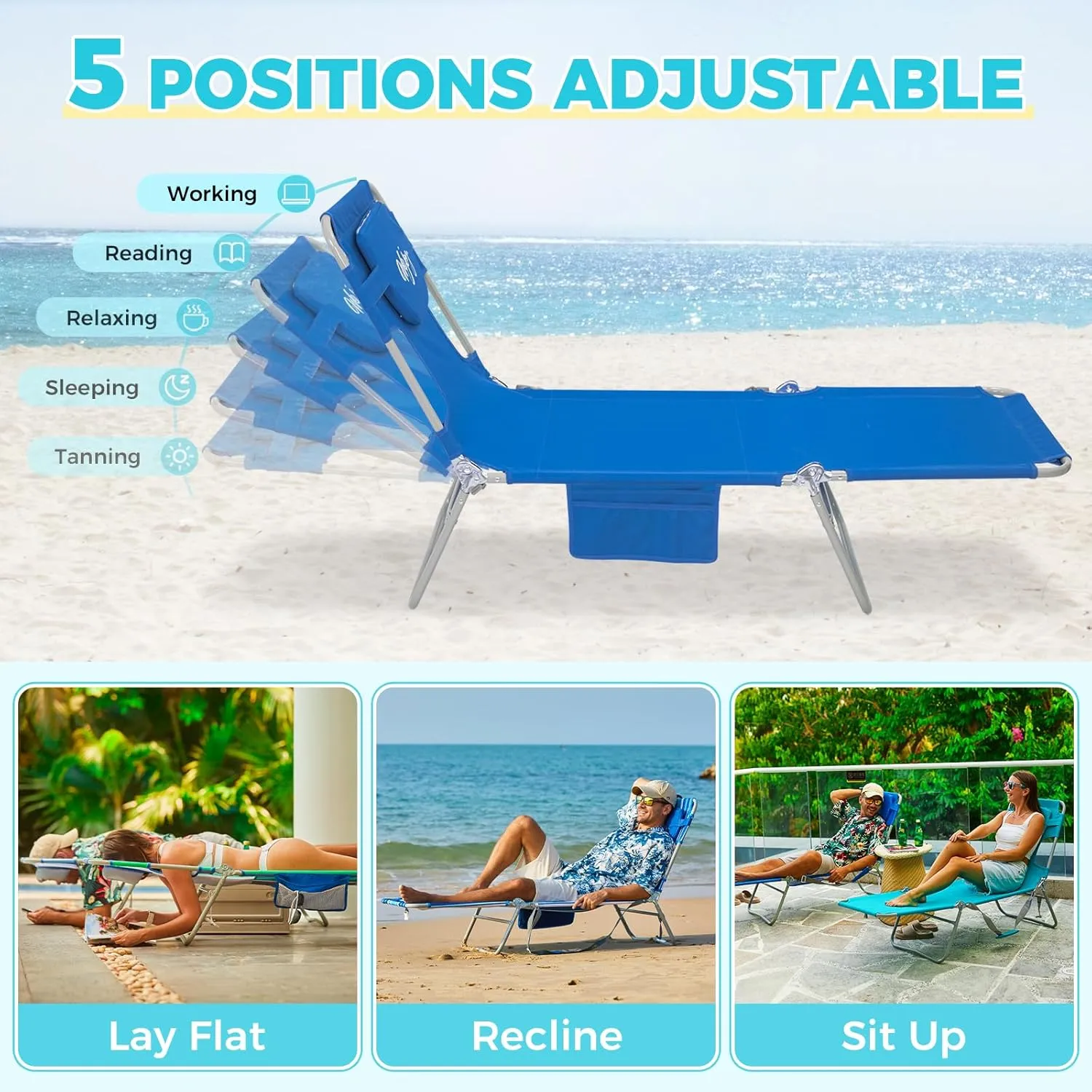 #WEJOY Folding Tanning Chair with Face Hole, 5 Positions Face Down Beach Lounge Chairs with Pillow for Outside Sunbathing Poolside (Blue)