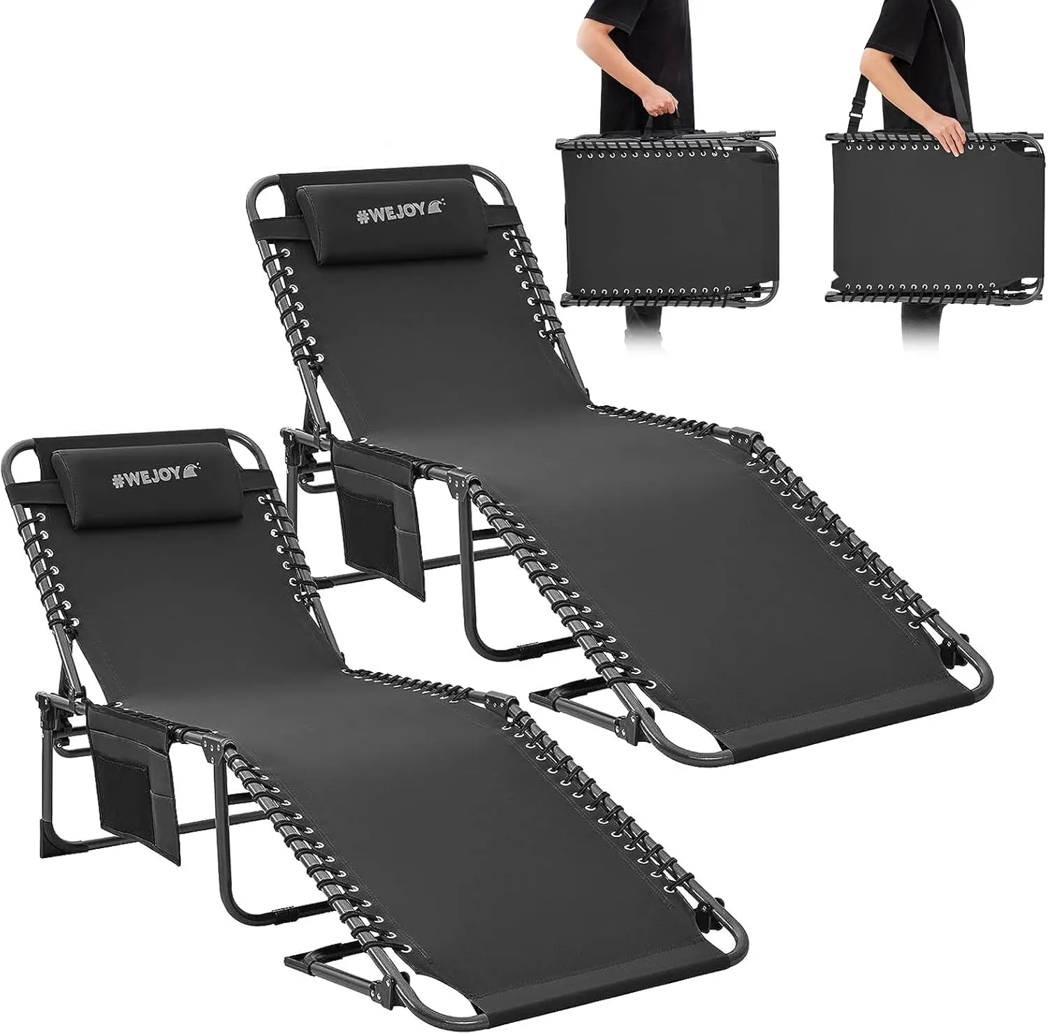 #WEJOY Outdoor Folding Chaise Lounge Chair for Outside, Patio, Beach, Pool, Sunbathing, Adjustable 5-Position Reclining Chairs, Heavy Duty Camping Cot with Shoulder Strap and Pillow, 2 Pack