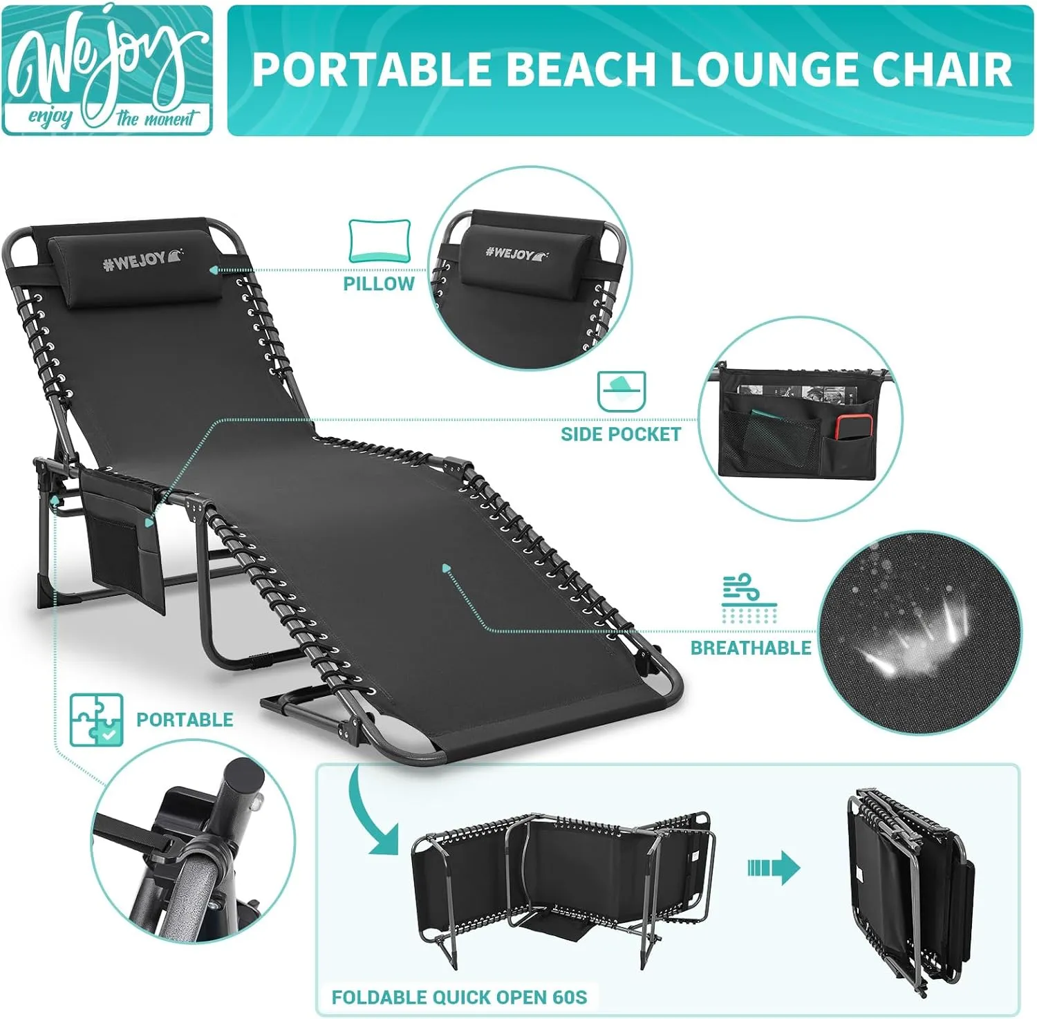 #WEJOY Outdoor Folding Chaise Lounge Chair for Outside, Patio, Beach, Pool, Sunbathing, Adjustable 5-Position Reclining Chairs, Heavy Duty Camping Cot with Shoulder Strap and Pillow, 2 Pack