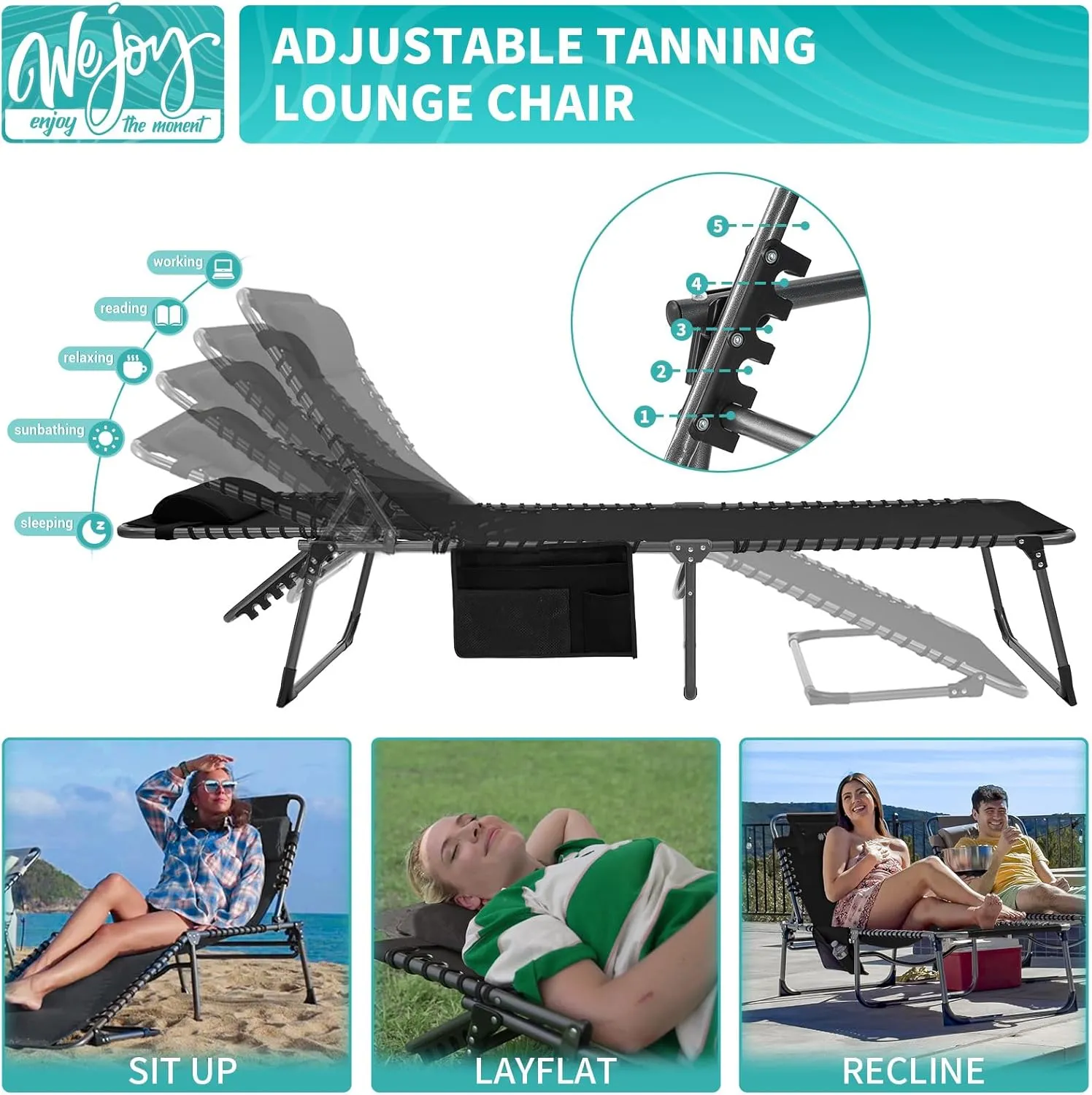 #WEJOY Outdoor Folding Chaise Lounge Chair for Outside, Patio, Beach, Pool, Sunbathing, Adjustable 5-Position Reclining Chairs, Heavy Duty Camping Cot with Shoulder Strap and Pillow, 2 Pack