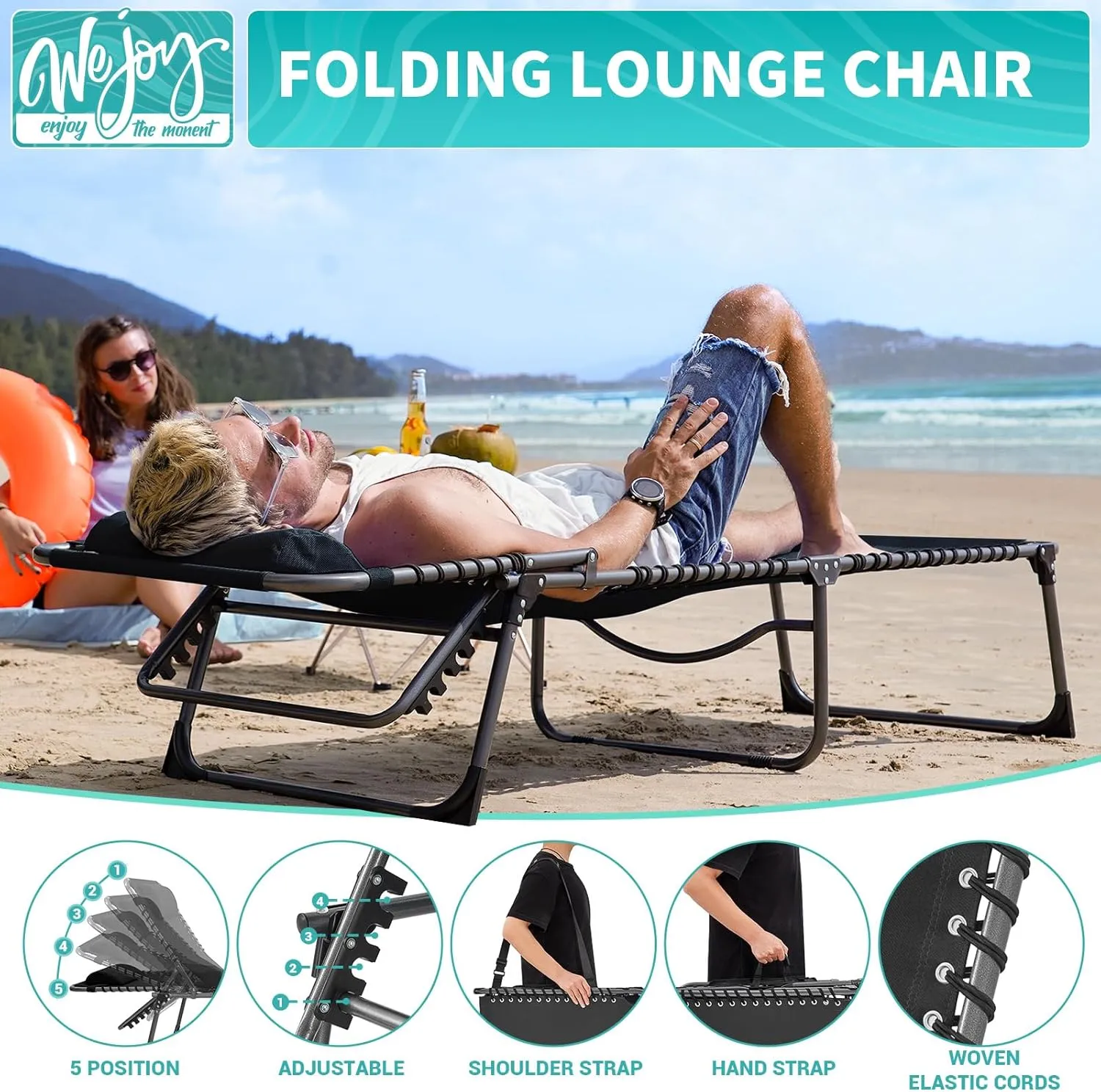 #WEJOY Outdoor Folding Chaise Lounge Chair for Outside, Patio, Beach, Pool, Sunbathing, Adjustable 5-Position Reclining Chairs, Heavy Duty Camping Cot with Shoulder Strap and Pillow, 2 Pack