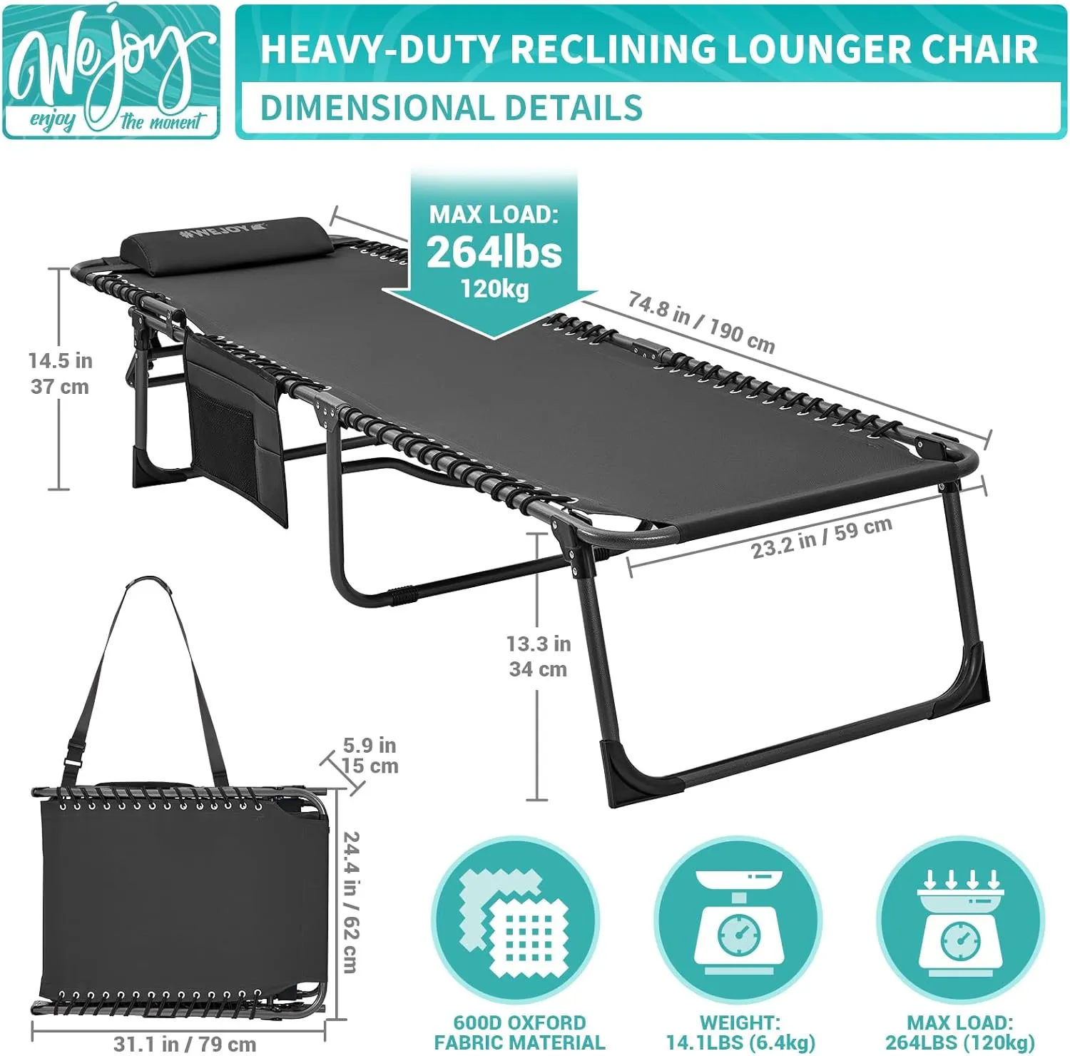 #WEJOY Outdoor Folding Chaise Lounge Chair for Outside, Patio, Beach, Pool, Sunbathing, Adjustable 5-Position Reclining Chairs, Heavy Duty Camping Cot with Shoulder Strap and Pillow, 2 Pack