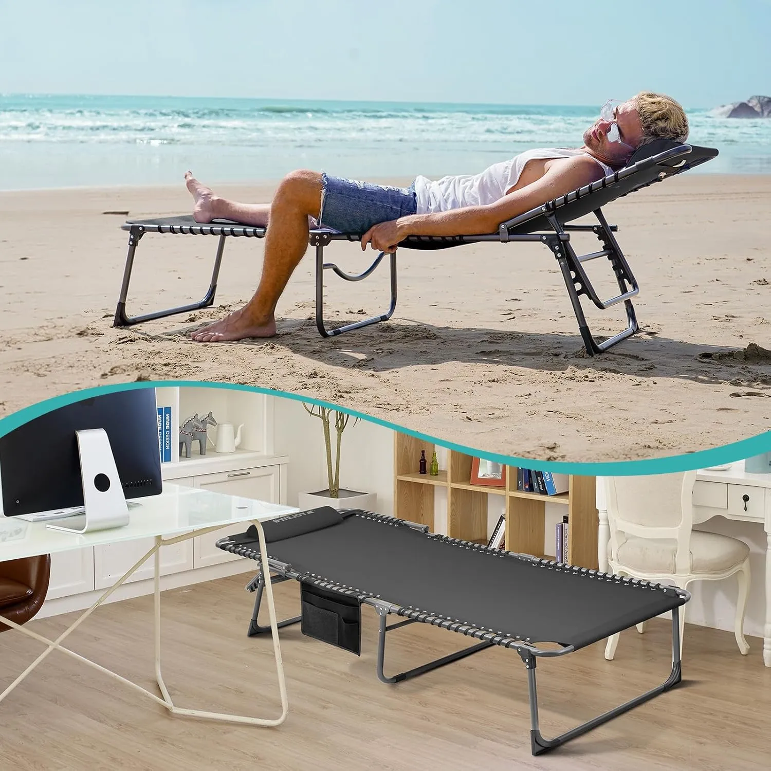 #WEJOY Outdoor Folding Chaise Lounge Chair for Outside, Patio, Beach, Pool, Sunbathing, Adjustable 5-Position Reclining Chairs, Heavy Duty Camping Cot with Shoulder Strap and Pillow, 2 Pack