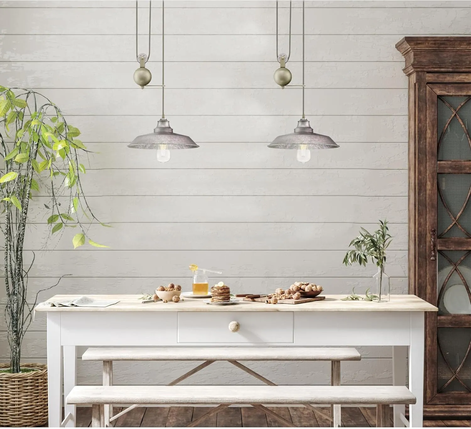 Westinghouse 6117000 Iron Hill Vintage-Style One-Light Indoor Pulley Pendant Light, Galvanized Steel Finish, Metal Shade