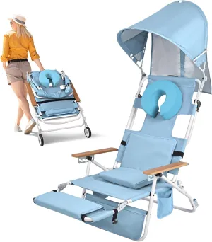 Wheel-2-Go 5-in-1 Beach Tanning Chair with Face Hole, Wheels, Canopy Shade, Footrest, Portable Folding Reclining Lay Flat Beach Lounger for Adults Reading Sunbathing Poolside, Patented