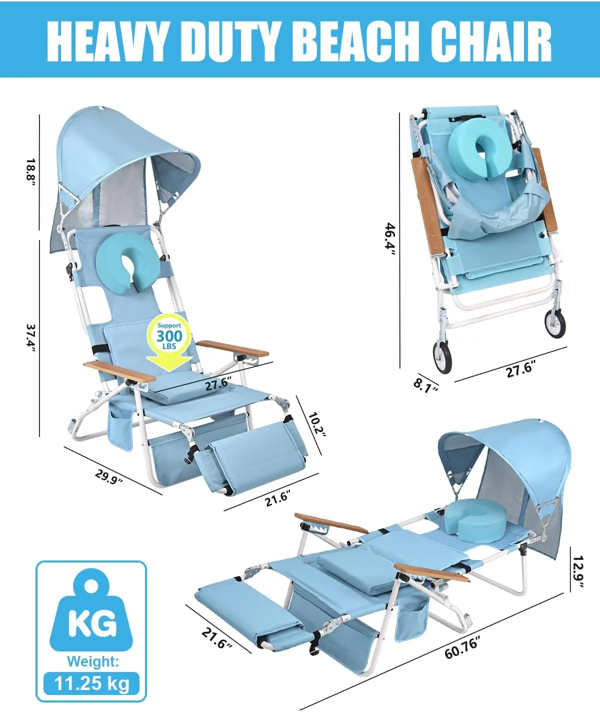Wheel-2-Go 5-in-1 Beach Tanning Chair with Face Hole, Wheels, Canopy Shade, Footrest, Portable Folding Reclining Lay Flat Beach Lounger for Adults Reading Sunbathing Poolside, Patented