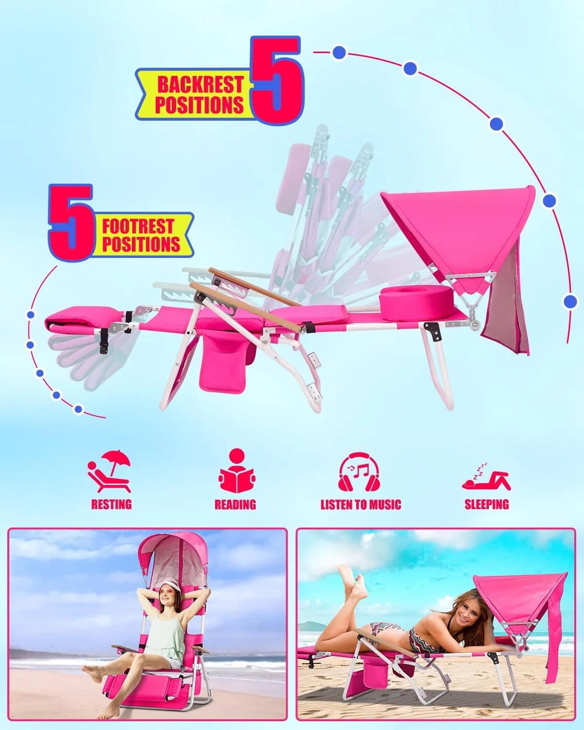 Wheel-2-Go 5-in-1 Beach Tanning Chair with Face Hole, Wheels, Canopy Shade, Footrest, Portable Folding Reclining Lay Flat Beach Lounger for Adults Reading Sunbathing Poolside, Patented
