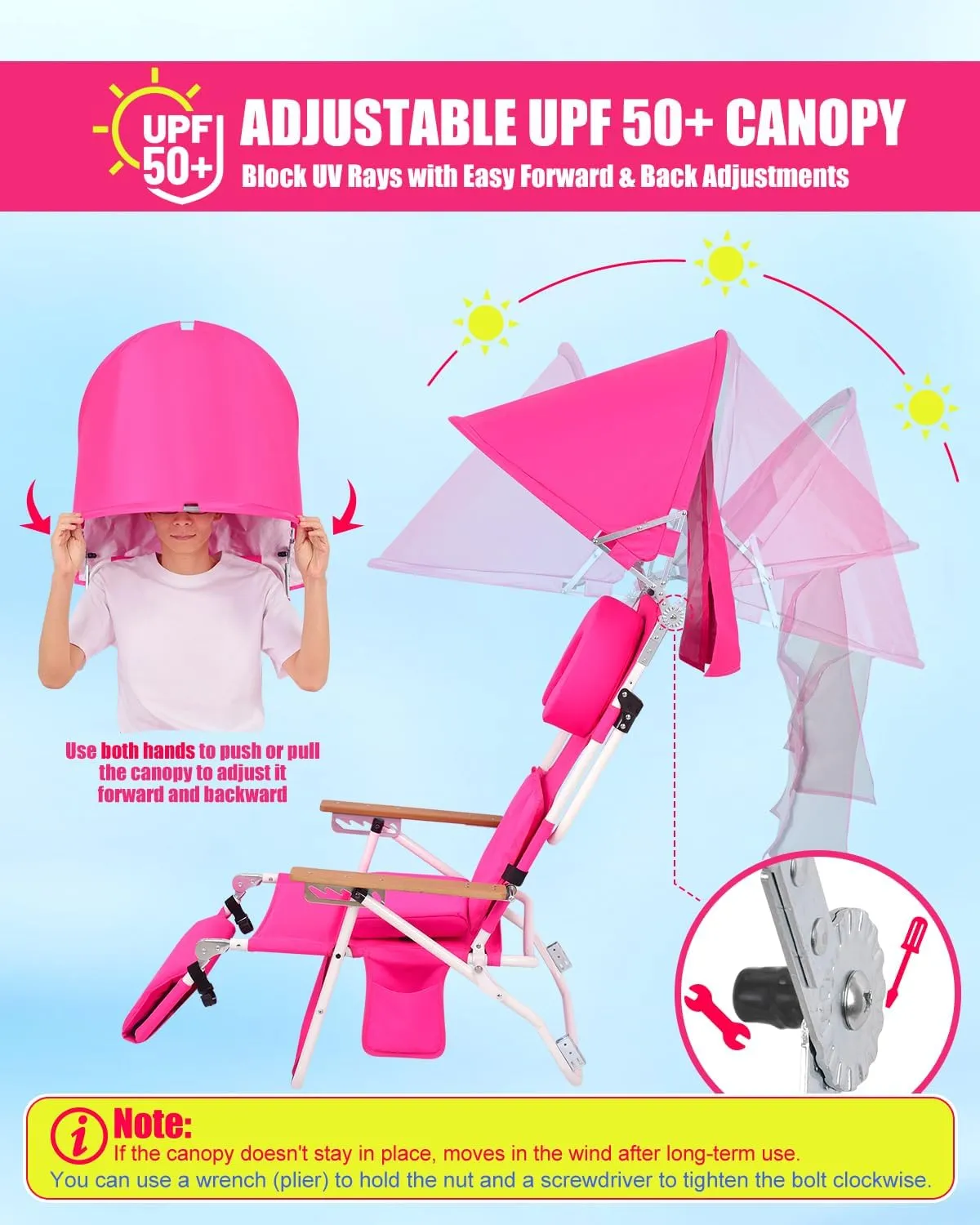 Wheel-2-Go 5-in-1 Beach Tanning Chair with Face Hole, Wheels, Canopy Shade, Footrest, Portable Folding Reclining Lay Flat Beach Lounger for Adults Reading Sunbathing Poolside, Patented