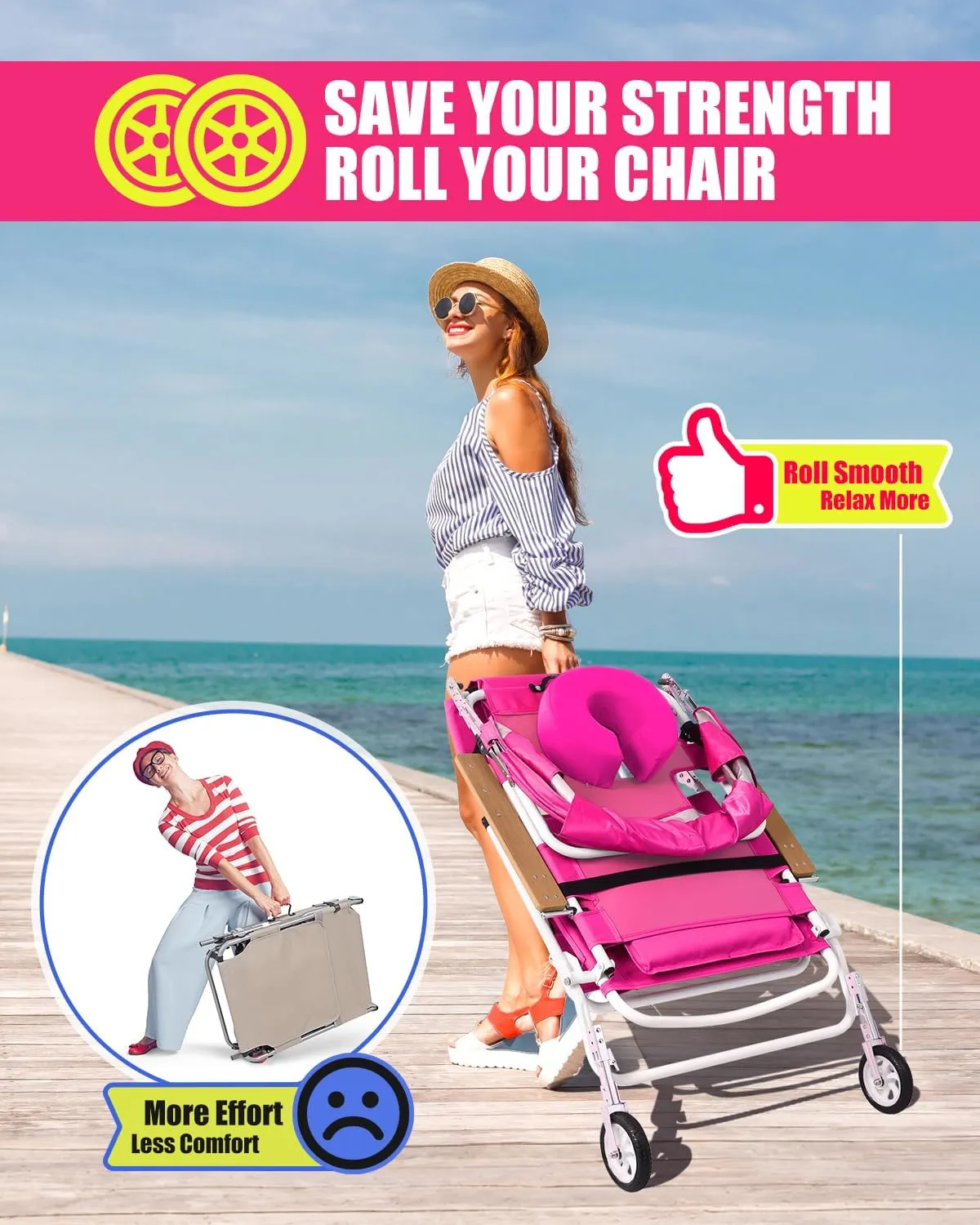 Wheel-2-Go 5-in-1 Beach Tanning Chair with Face Hole, Wheels, Canopy Shade, Footrest, Portable Folding Reclining Lay Flat Beach Lounger for Adults Reading Sunbathing Poolside, Patented