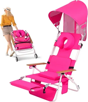Wheel-2-Go 5-in-1 Beach Tanning Chair with Face Hole, Wheels, Canopy Shade, Footrest, Portable Folding Reclining Lay Flat Beach Lounger for Adults Reading Sunbathing Poolside, Patented