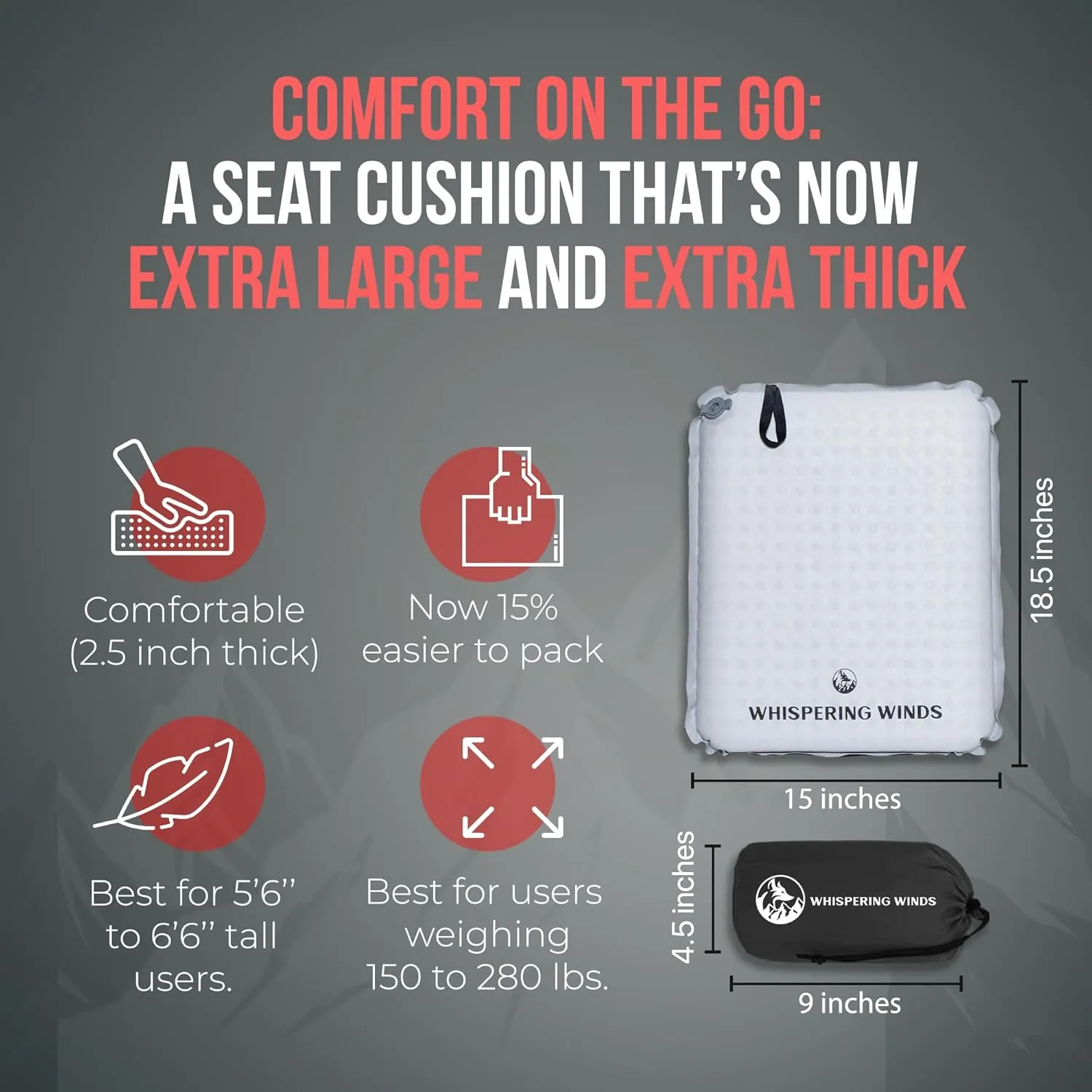 Whispering Winds Inflatable Seat Cushion – Comfortable Blow-up Foam Pad for Airplane, Travel, Stadium, Camping & Car
