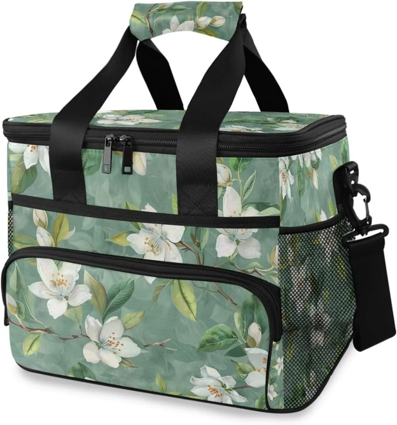 White Flower Green Leaves Paisley Cooler Bag Insulated Cooler Soft Sided Cooler 24 Can Portable Picnic Bag Large Leakproof Lunch Bag Box for Beach Grocery Camping Travel Car Men Women