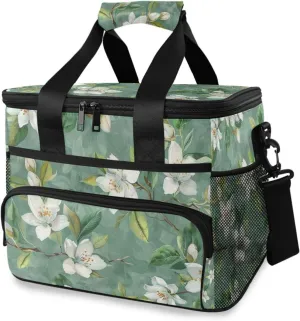 White Flower Green Leaves Paisley Cooler Bag Insulated Cooler Soft Sided Cooler 24 Can Portable Picnic Bag Large Leakproof Lunch Bag Box for Beach Grocery Camping Travel Car Men Women