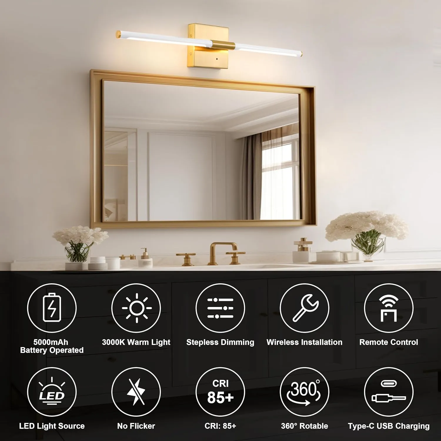 White Gold Battery Operated Wall Sconces Set of 2, Dimmable Battery Wall Sconce with Remote Control, LED Rechargeable Sconces, 24 Inch Modern Wireless Wall Lights for Bedroom, Living Room