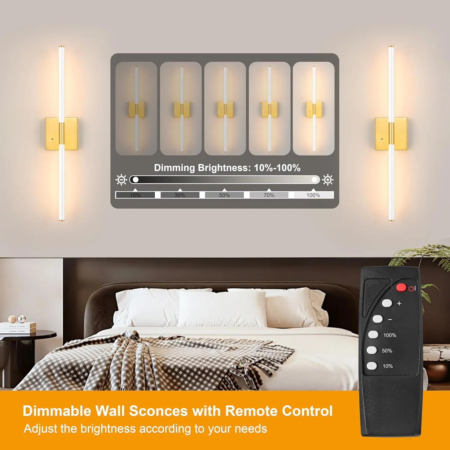 White Gold Battery Operated Wall Sconces Set of 2, Dimmable Battery Wall Sconce with Remote Control, LED Rechargeable Sconces, 24 Inch Modern Wireless Wall Lights for Bedroom, Living Room