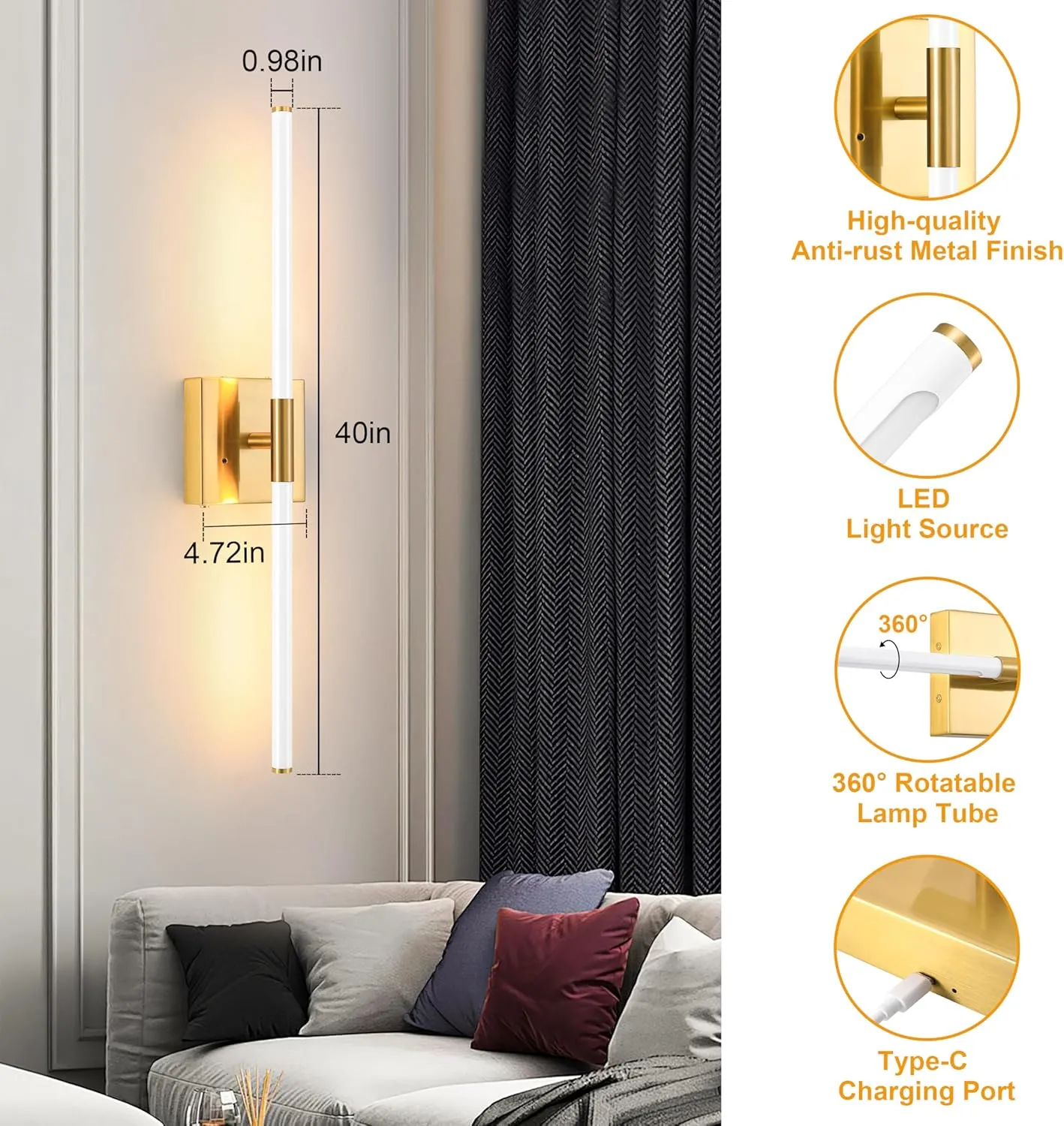 White Gold Battery Operated Wall Sconces Set of 2, Dimmable Battery Wall Sconce with Remote Control, LED Rechargeable Sconces, 24 Inch Modern Wireless Wall Lights for Bedroom, Living Room