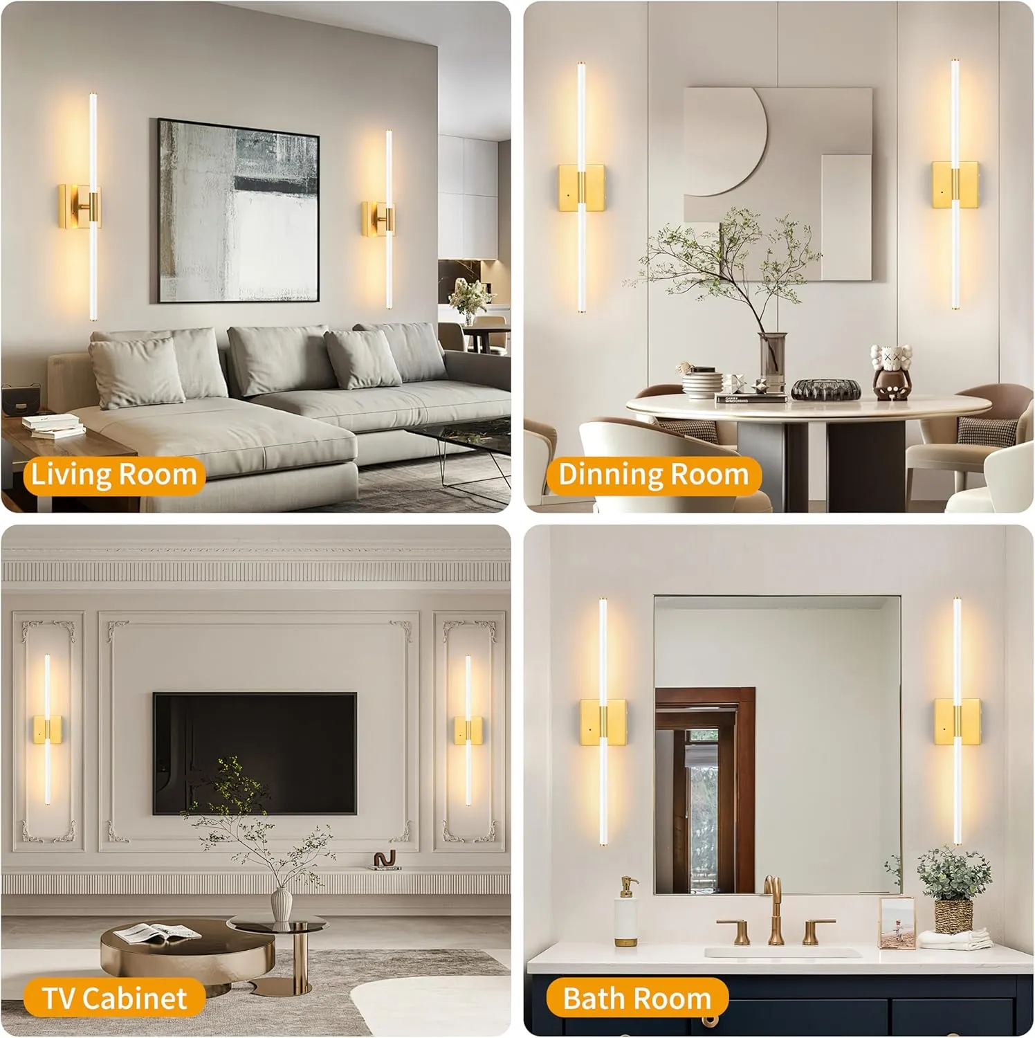 White Gold Battery Operated Wall Sconces Set of 2, Dimmable Battery Wall Sconce with Remote Control, LED Rechargeable Sconces, 24 Inch Modern Wireless Wall Lights for Bedroom, Living Room