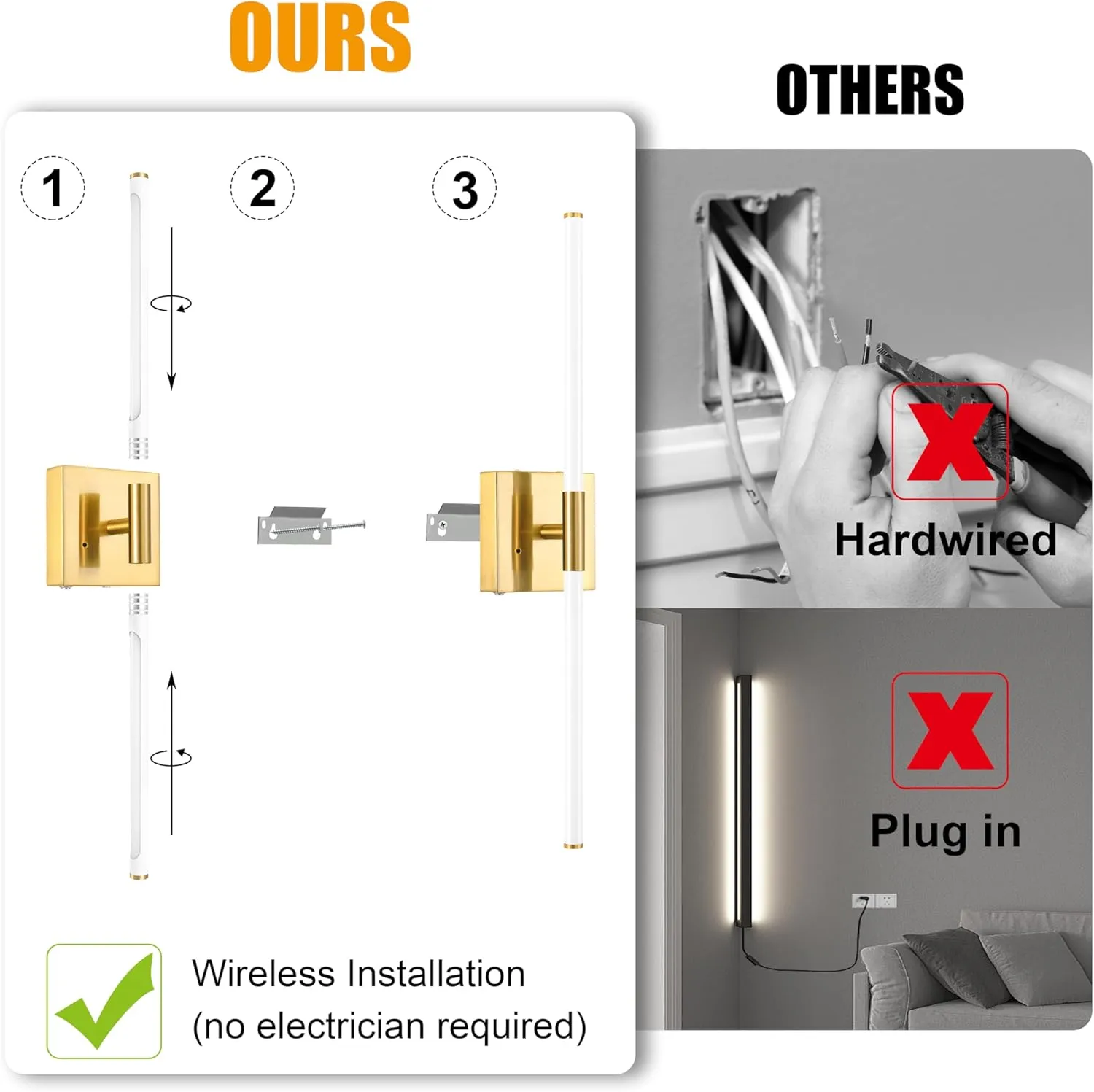 White Gold Battery Operated Wall Sconces Set of 2, Dimmable Battery Wall Sconce with Remote Control, LED Rechargeable Sconces, 24 Inch Modern Wireless Wall Lights for Bedroom, Living Room