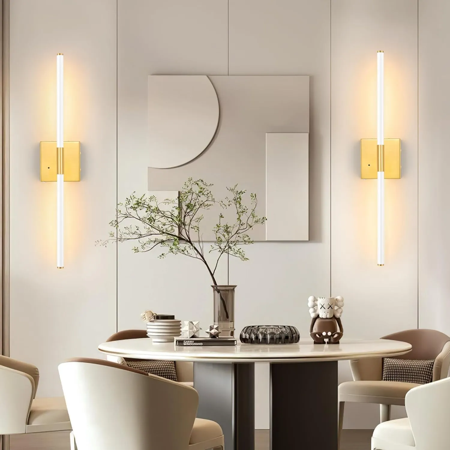 White Gold Battery Operated Wall Sconces Set of 2, Dimmable Battery Wall Sconce with Remote Control, LED Rechargeable Sconces, 24 Inch Modern Wireless Wall Lights for Bedroom, Living Room