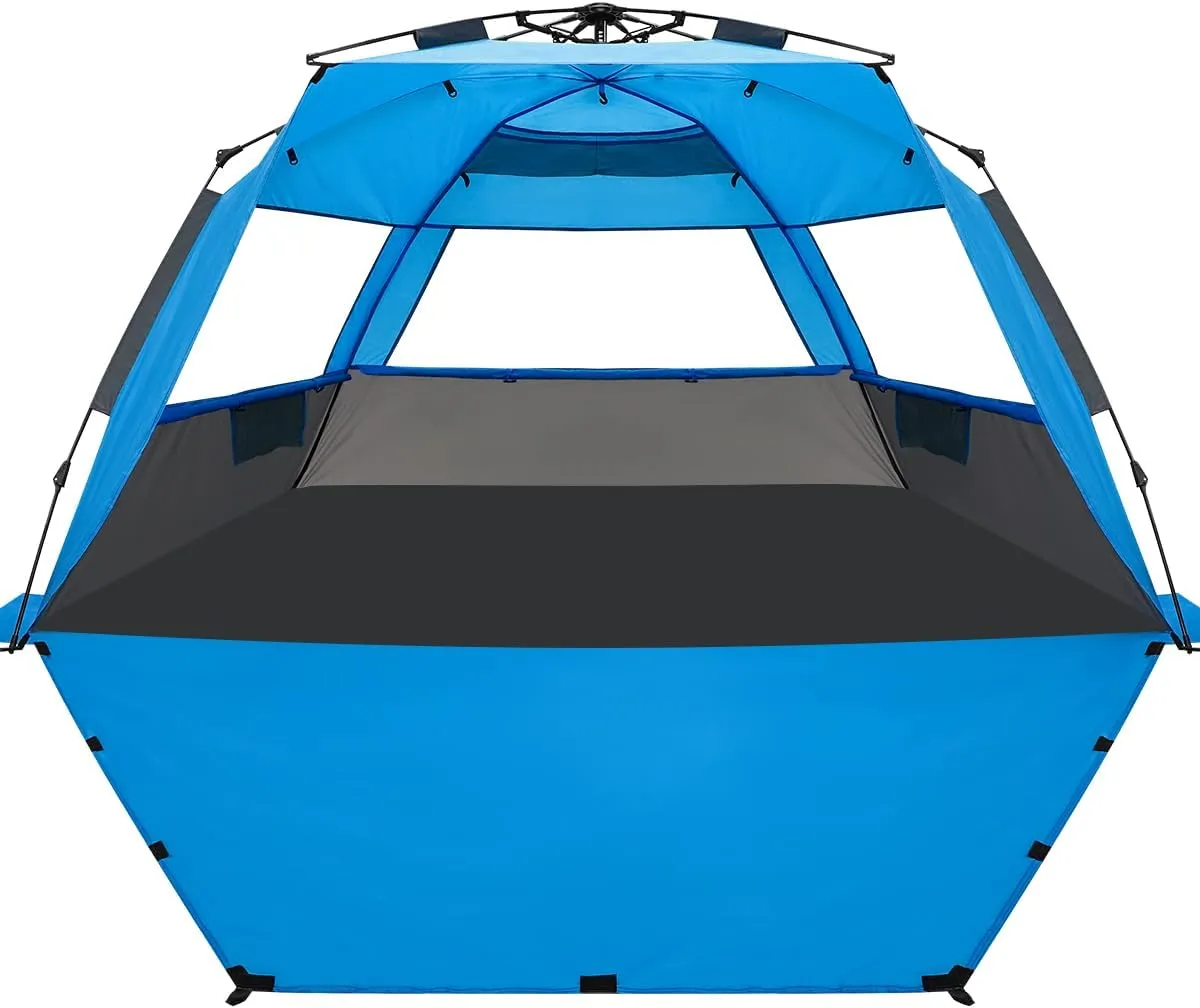 WhiteFang Deluxe Pop Up Beach Tent Sun Shade Shelter for 3-4/5-6 Person, UV Protection, Extendable Floor with 3 Ventilating Windows Plus Carrying Bag, Stakes, and Guy Lines