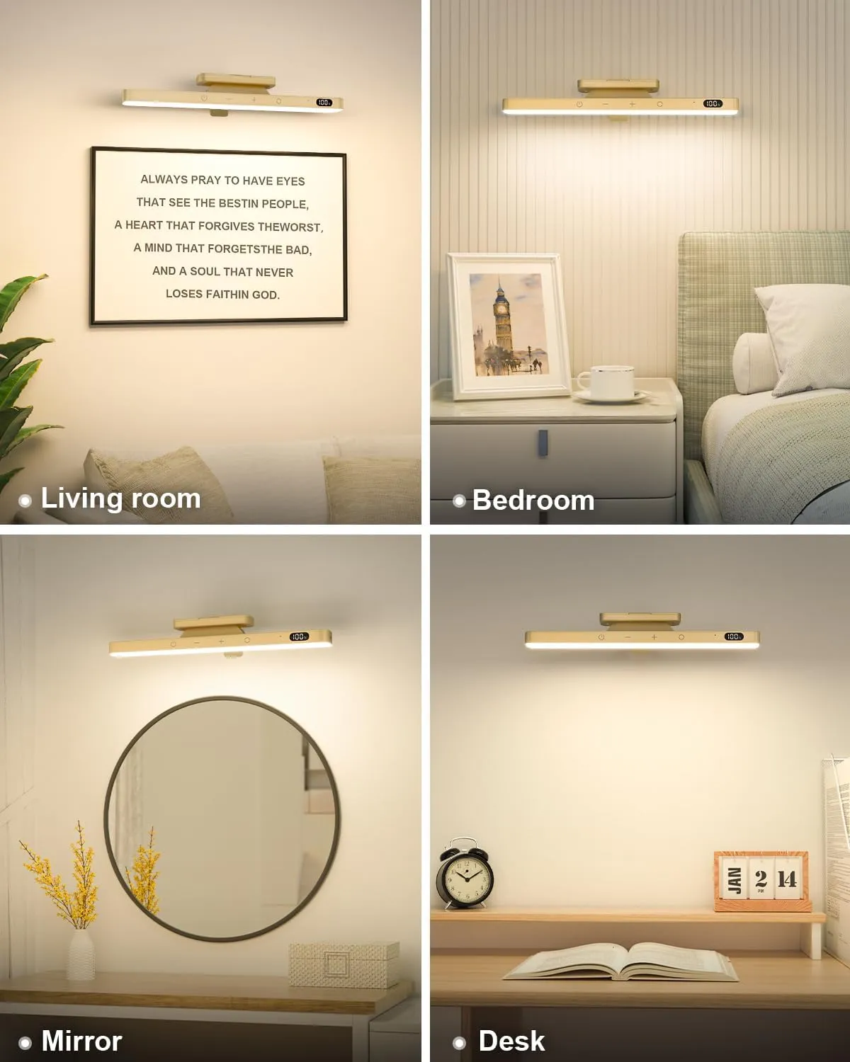 WILLED 5W Picture Lights, 3 Colors Rechargeable Battery Operated Picture Frame Lights, Poster Lights with Remote, Dimmable & Timer, Gallery Light, Art Display Lighting for Paintings Wireless, Gold