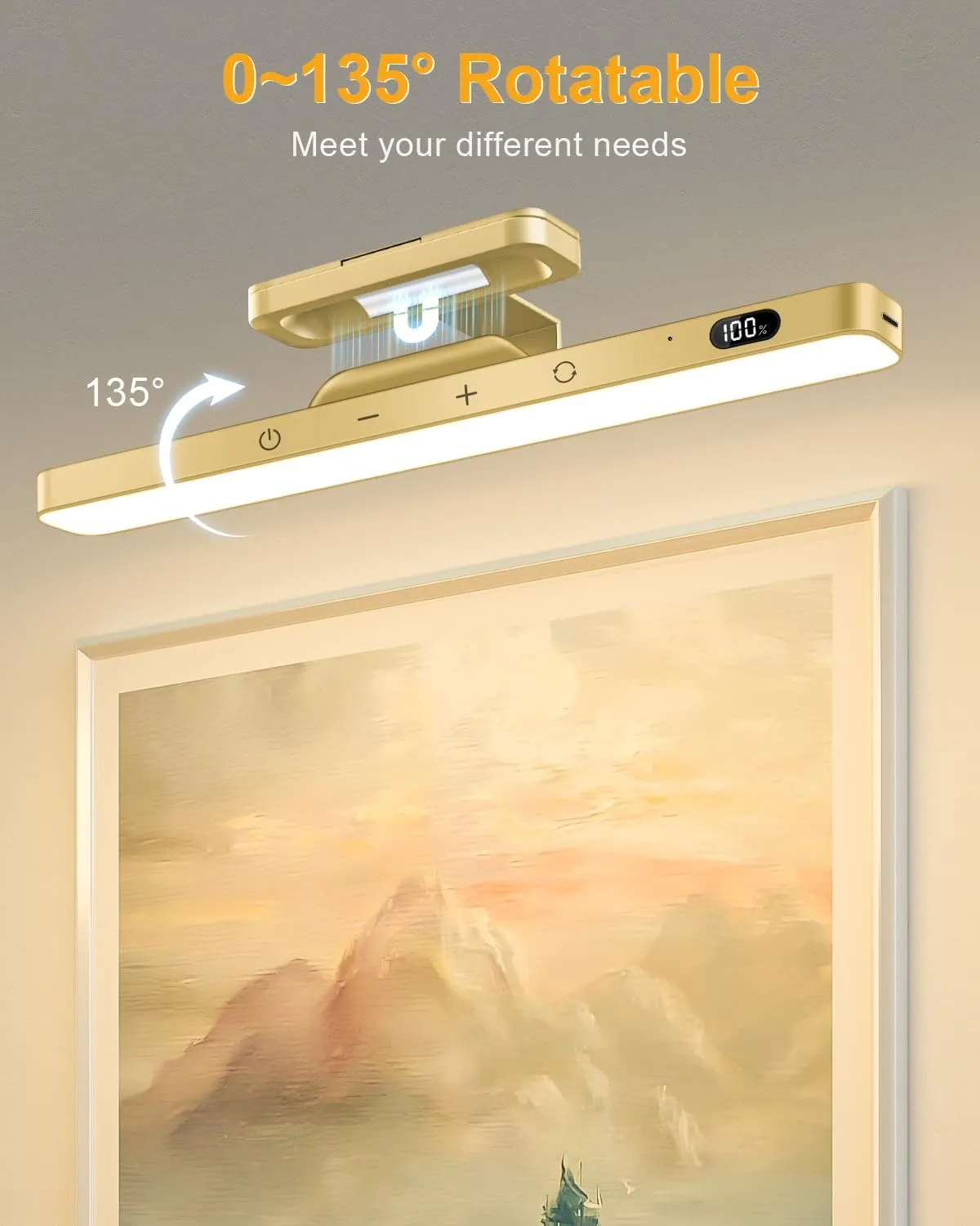 WILLED 5W Picture Lights, 3 Colors Rechargeable Battery Operated Picture Frame Lights, Poster Lights with Remote, Dimmable & Timer, Gallery Light, Art Display Lighting for Paintings Wireless, Gold