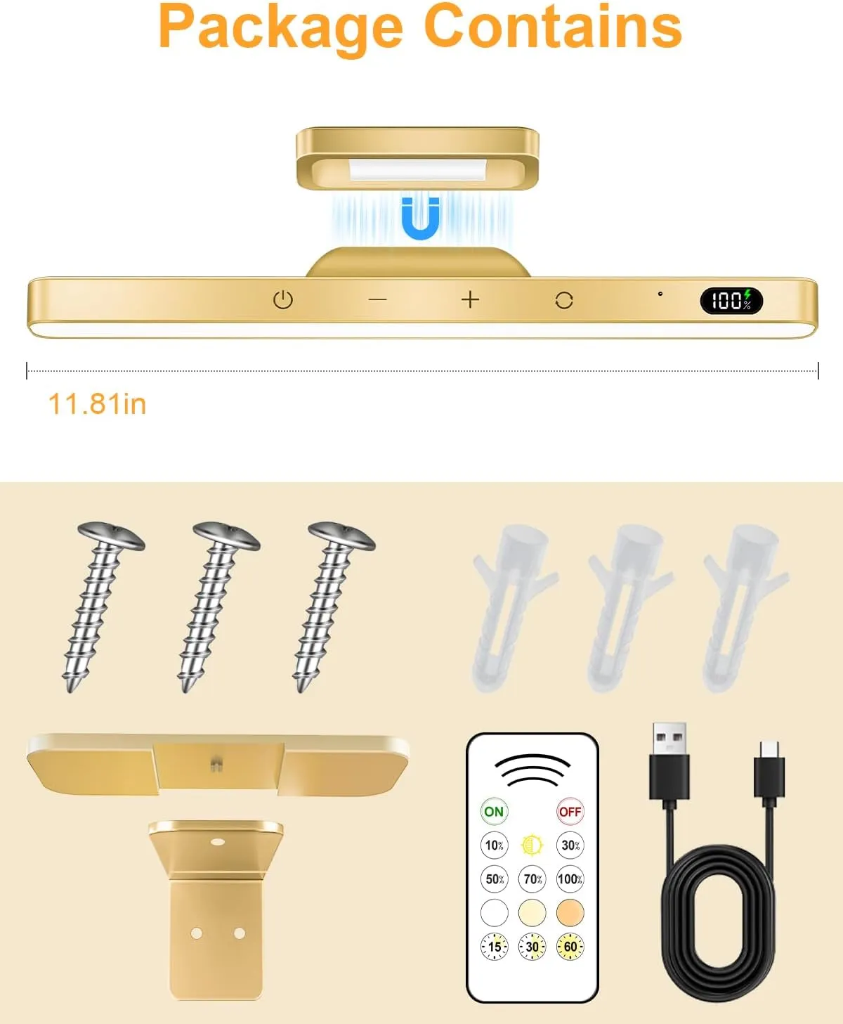 WILLED 5W Picture Lights, 3 Colors Rechargeable Battery Operated Picture Frame Lights, Poster Lights with Remote, Dimmable & Timer, Gallery Light, Art Display Lighting for Paintings Wireless, Gold
