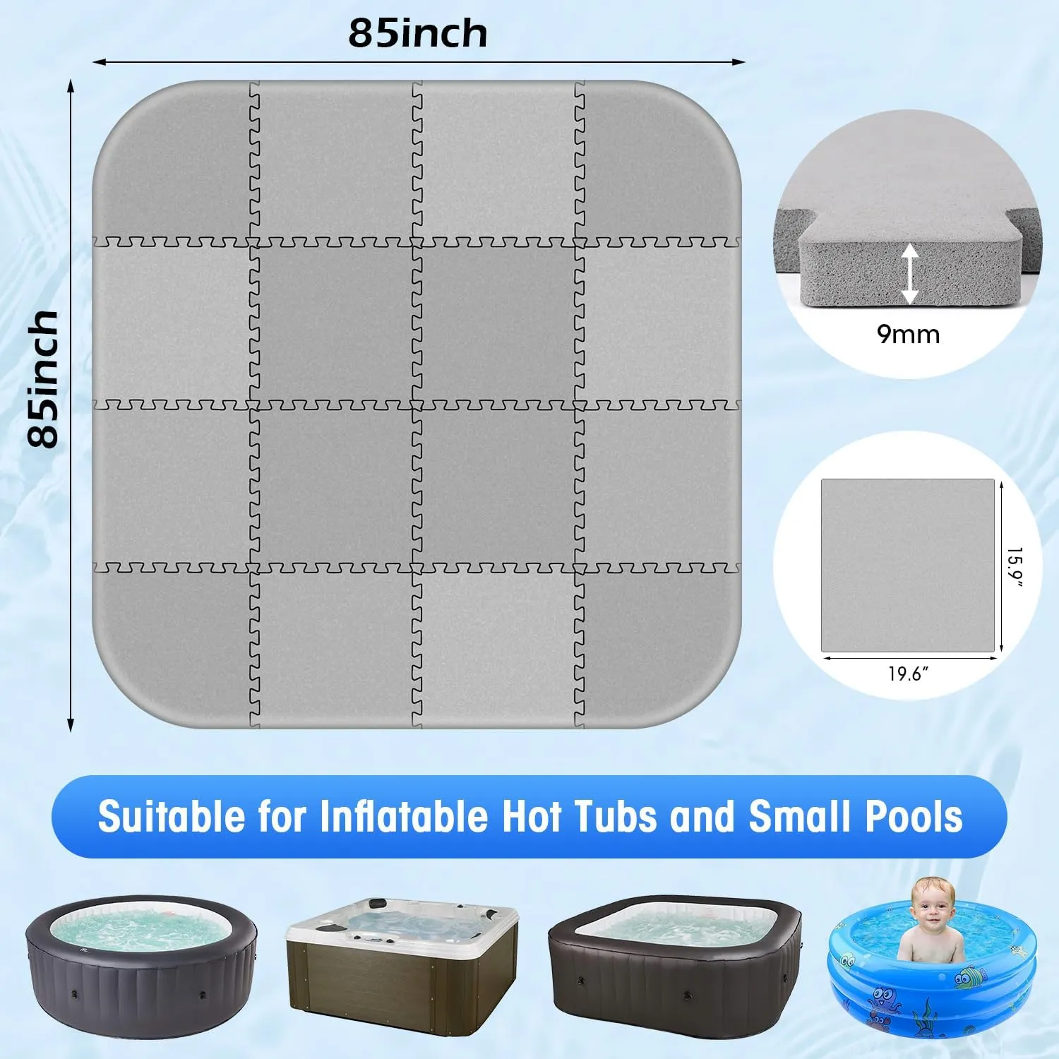 Winceed 85 inch Hot Tub Mat, 9mm Thickness Inflatable Hot Tub Protective Pad Outdoor Indoor, Absorbent Spa Pool Flooring Protector Pad, EVA Foam Padding for Portable Round/Square Hot Tubs (Grey)