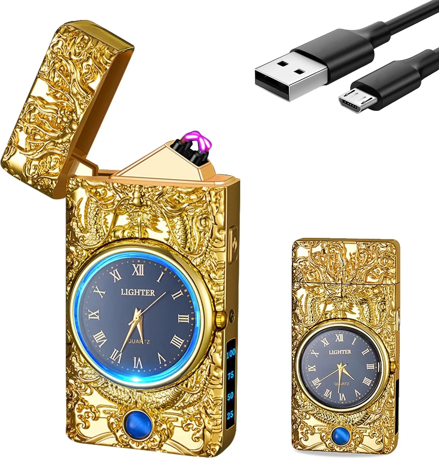 Windproof Plasma Lighter with Luxury Design LED Light 75° Slant Bar Fast USB Charging Auto Shut-Off – Perfect for Camping Hiking and Gifts(Gold)
