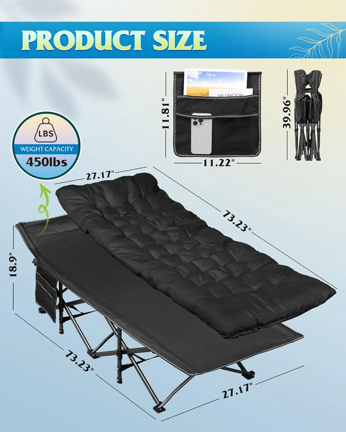 WLIVE 1200D Double Layer Oxford Camping Cots for Adults, Folding Cots for Sleeping with Mattress, Outdoor Folding Bed with Carry Bag, Portable Camping Bed for Sleeping, Resting, Camping, Black