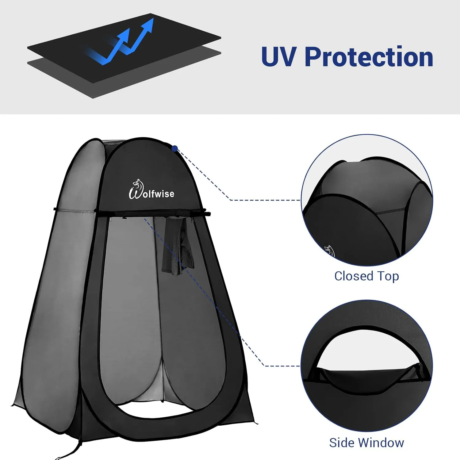 WolfWise Portable Pop Up Privacy Shower Tent, Spacious Changing Room, Dressing Room, Sun Sunshade Canopy Outdoor Rain Shelter, Backpack Privacy Shelters for Camping, Hiking, Beach, Toilet, Black