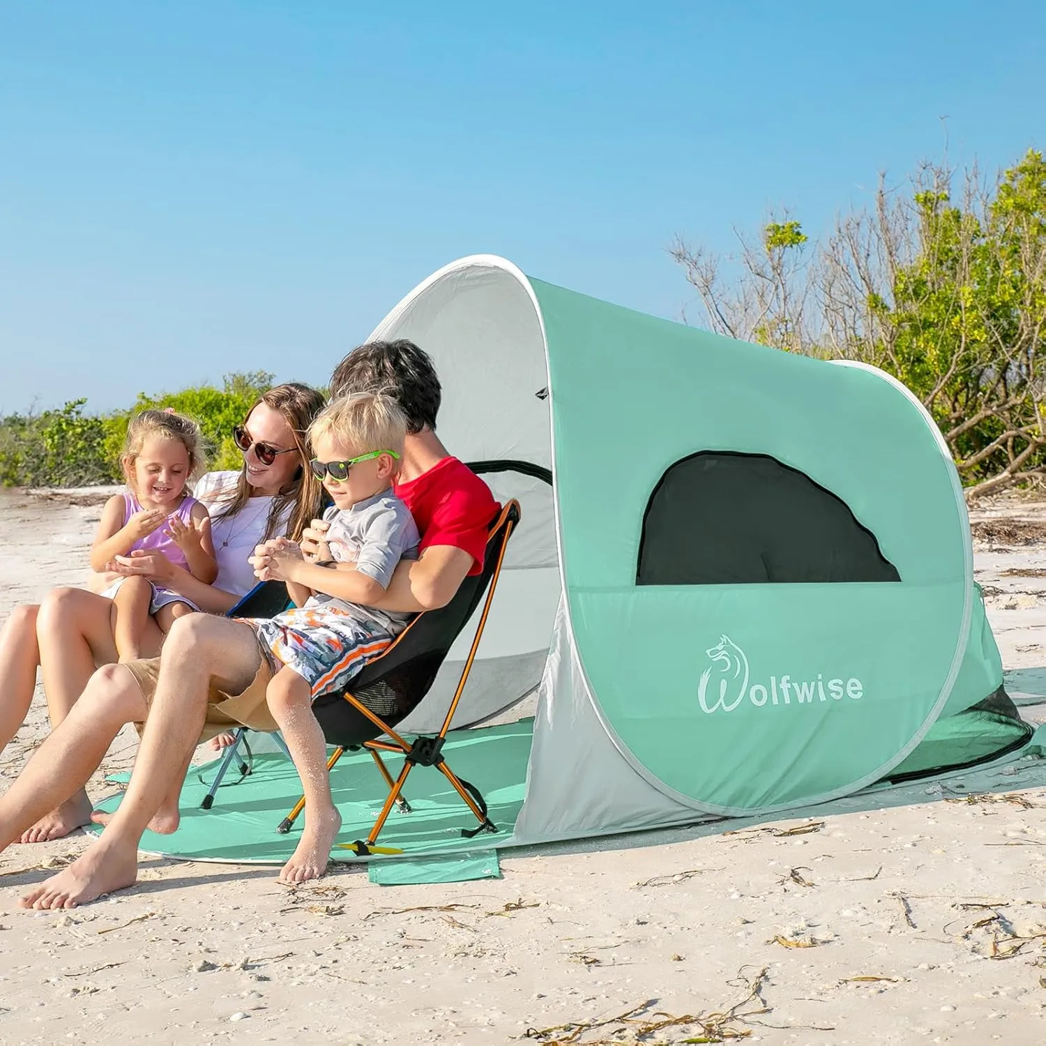 WolfWise UPF 50  Easy Pop Up 3-4 Person Beach Tent Sport Umbrella Instant Sun Shelter Tent Sun Shade Canopy, Mint Green
