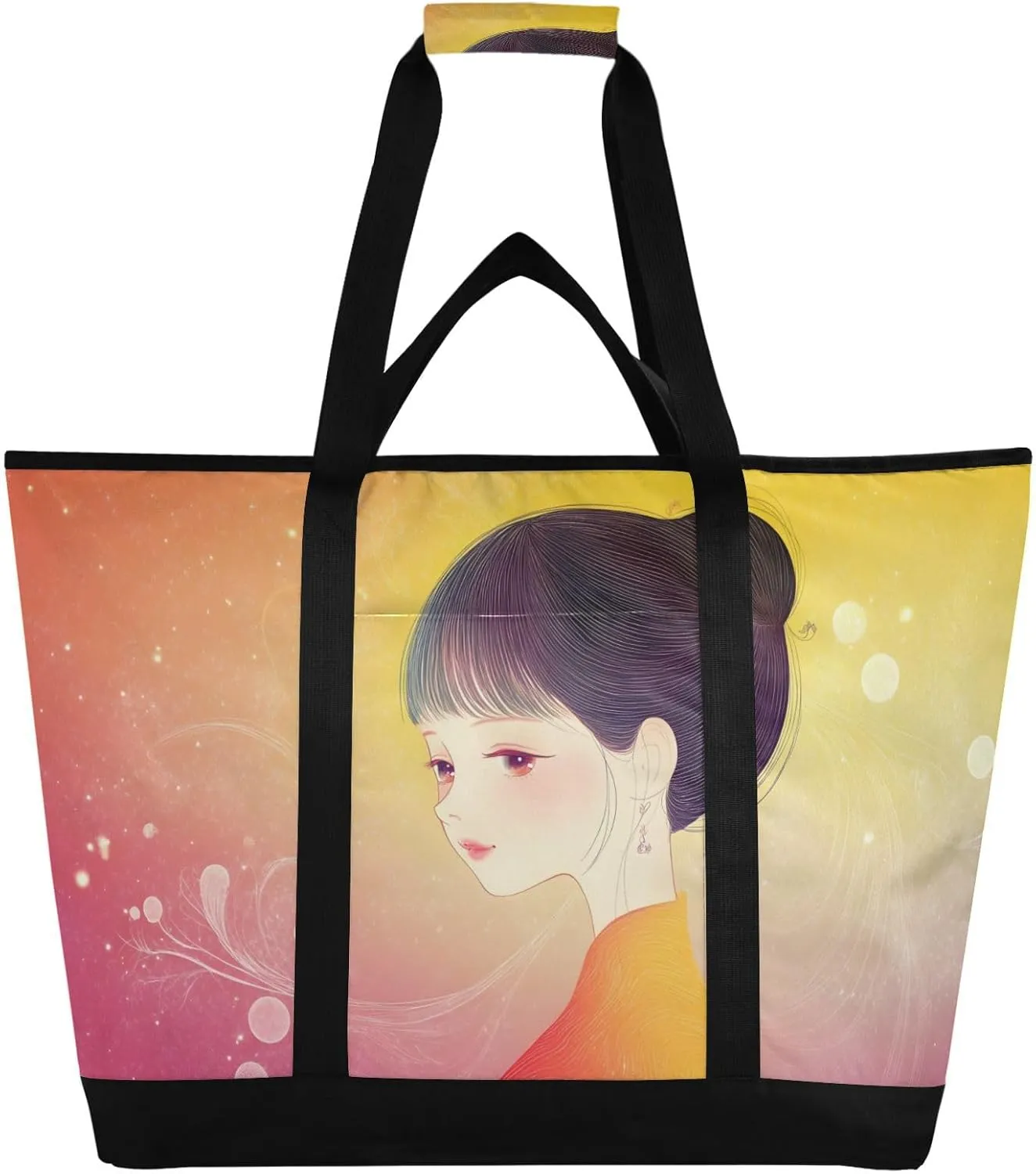 Woman Cartoon Large Insulated Reusable Tote Bag for Grocery Shopping for Women Men, Cooler Bag with Zippered Top & Handles for Travel Beach Picnic