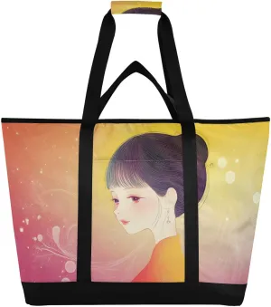 Woman Cartoon Large Insulated Reusable Tote Bag for Grocery Shopping for Women Men, Cooler Bag with Zippered Top & Handles for Travel Beach Picnic
