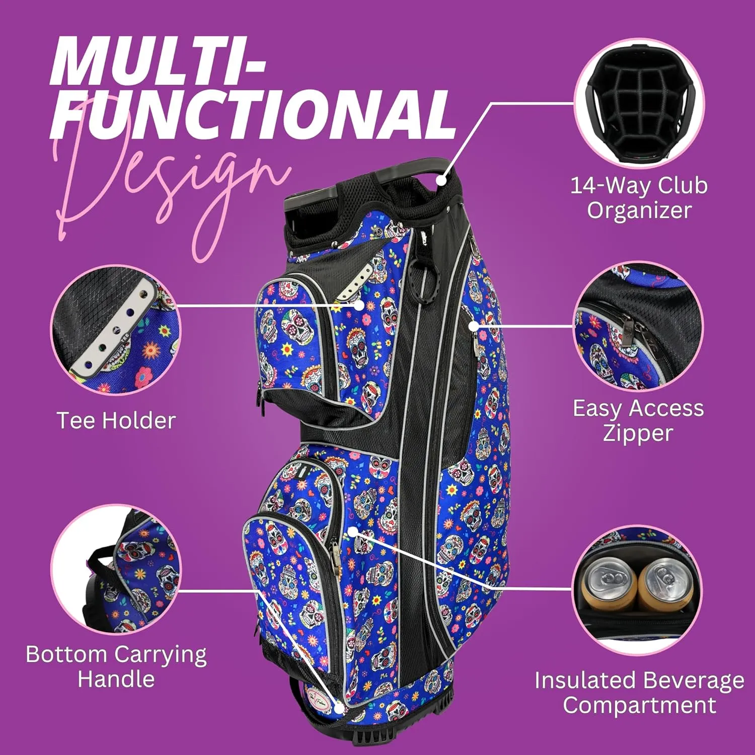 Women’s Golf Cart Bag – Taboo Fashions Resort Collection Lightweight 14-Way Ladies Bag with Cooler, Rain Hood, 7 Zippered Pockets, Tee Holder & More