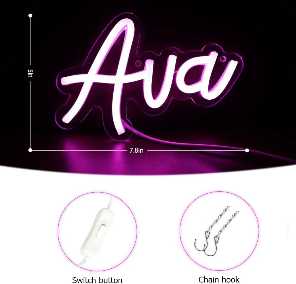 WonderfulLife Ava Name Neon Sign for Room Decor,Non customized, Personalized Led Sign for Birthday Party Decoration,Pink Light Up Wall Decor.