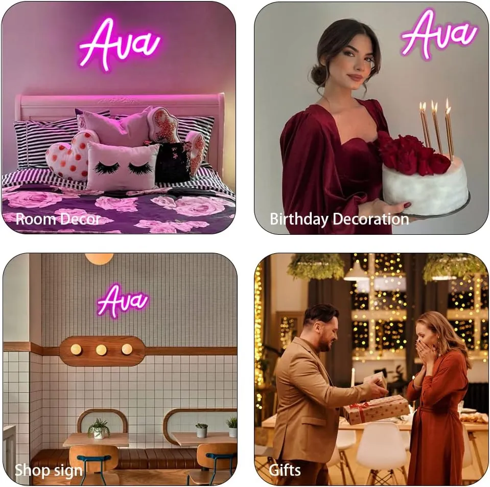 WonderfulLife Ava Name Neon Sign for Room Decor,Non customized, Personalized Led Sign for Birthday Party Decoration,Pink Light Up Wall Decor.