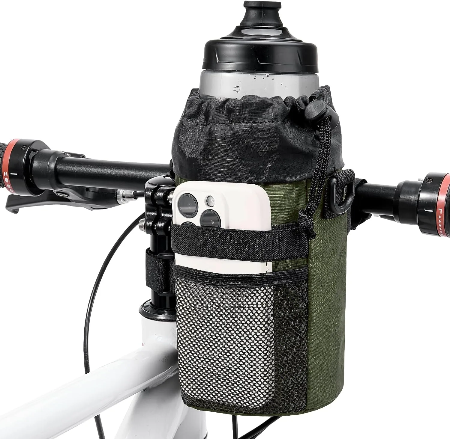 WOTOW Bike Water Bottle Holder- Insulated Bicycle Cup Holder with Shoulder Strap, Bike Drink Holder with Phone Storage for Adult Kids, Handlebar Cycling Water Bottle Cage for Mountain Touring (Large)