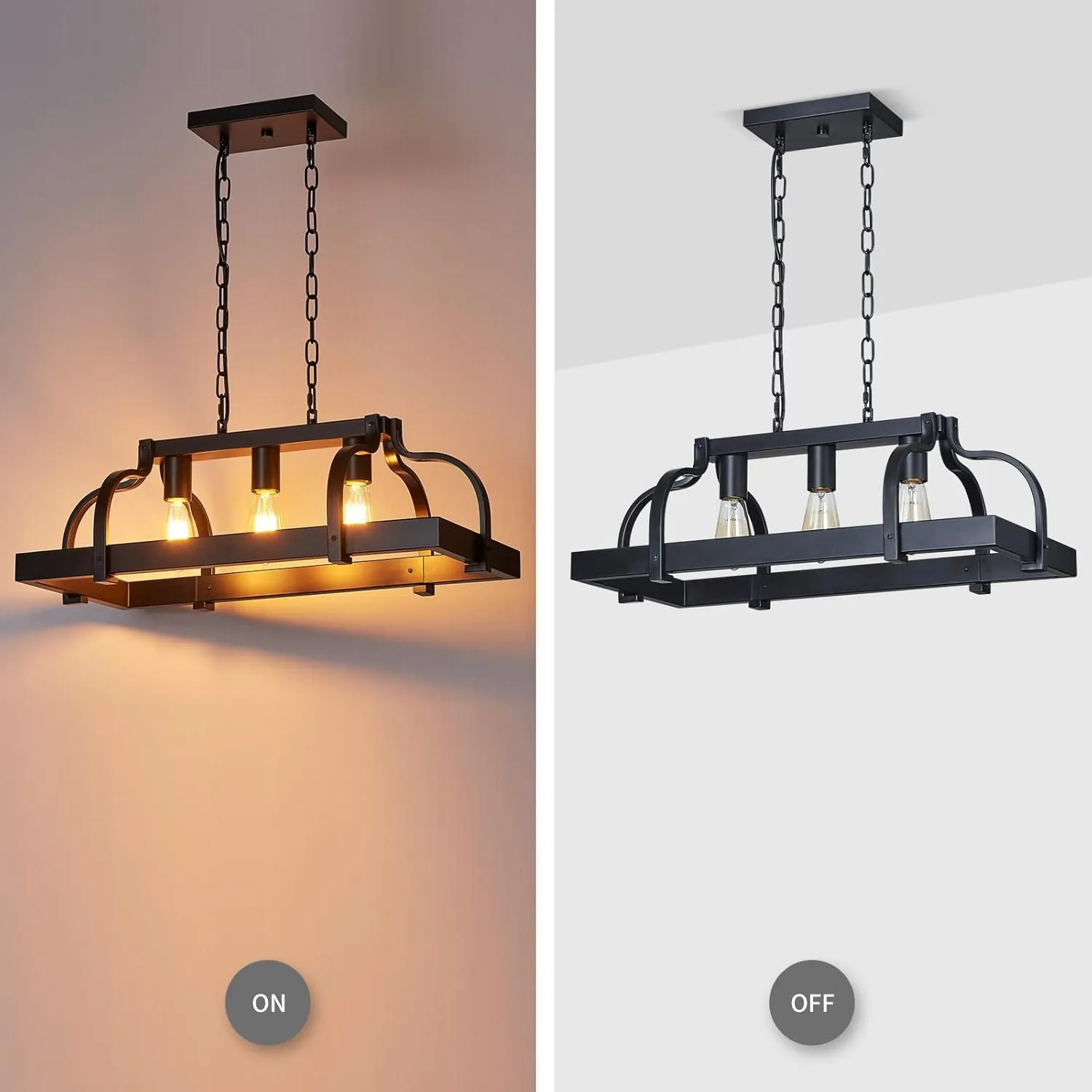 WUZUPS 3-Light Metal Pot Hanging Rack Chandelier Linear Pendant Ceiling Lighting Rustic Farmhouse Fixture Kitchen Island Dining Room, H 9.8" L 24.8" W11.8, E26 Base, Black
