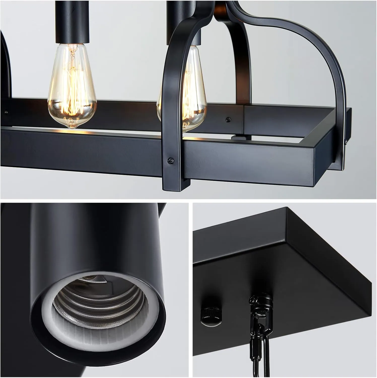 WUZUPS 3-Light Metal Pot Hanging Rack Chandelier Linear Pendant Ceiling Lighting Rustic Farmhouse Fixture Kitchen Island Dining Room, H 9.8" L 24.8" W11.8, E26 Base, Black