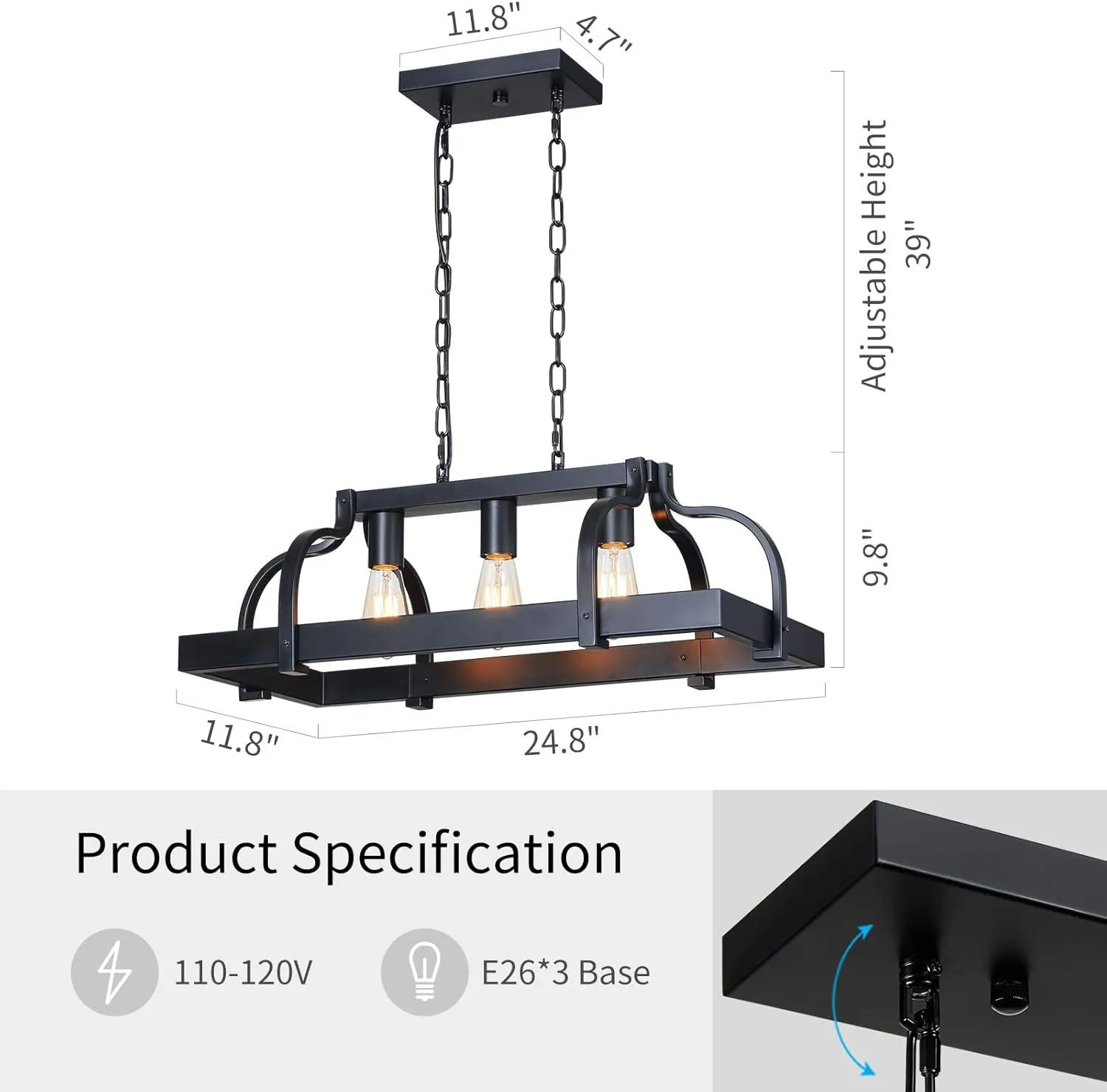 WUZUPS 3-Light Metal Pot Hanging Rack Chandelier Linear Pendant Ceiling Lighting Rustic Farmhouse Fixture Kitchen Island Dining Room, H 9.8" L 24.8" W11.8, E26 Base, Black