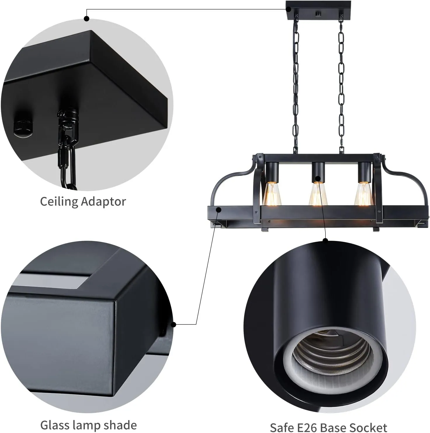 WUZUPS 3-Light Metal Pot Hanging Rack Chandelier Linear Pendant Ceiling Lighting Rustic Farmhouse Fixture Kitchen Island Dining Room, H 9.8" L 24.8" W11.8, E26 Base, Black
