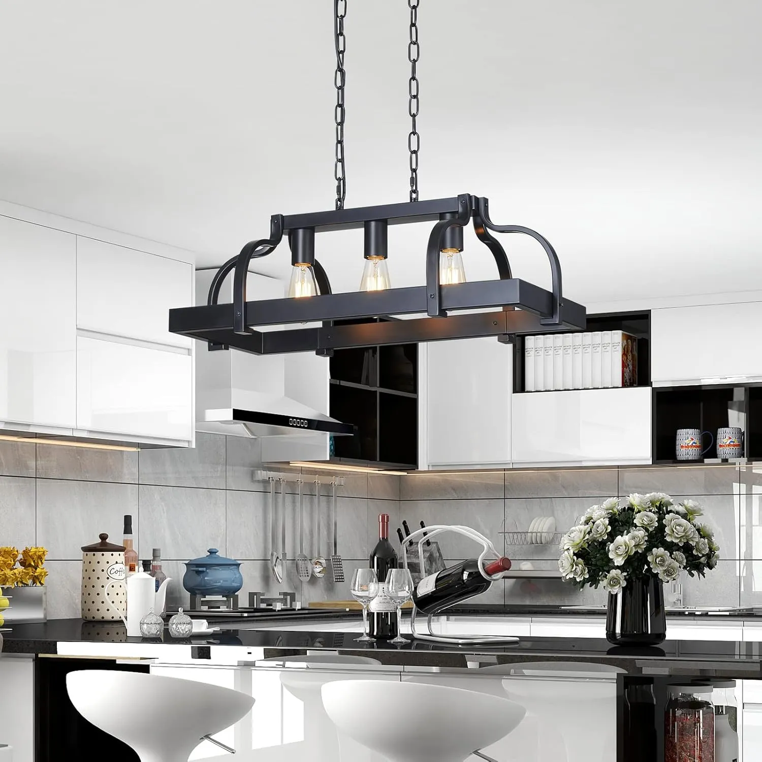 WUZUPS 3-Light Metal Pot Hanging Rack Chandelier Linear Pendant Ceiling Lighting Rustic Farmhouse Fixture Kitchen Island Dining Room, H 9.8" L 24.8" W11.8, E26 Base, Black