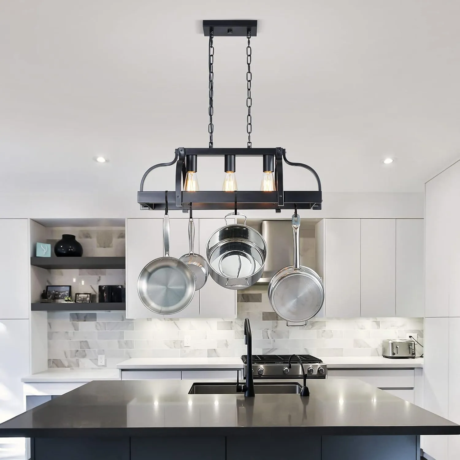 WUZUPS 3-Light Metal Pot Hanging Rack Chandelier Linear Pendant Ceiling Lighting Rustic Farmhouse Fixture Kitchen Island Dining Room, H 9.8" L 24.8" W11.8, E26 Base, Black