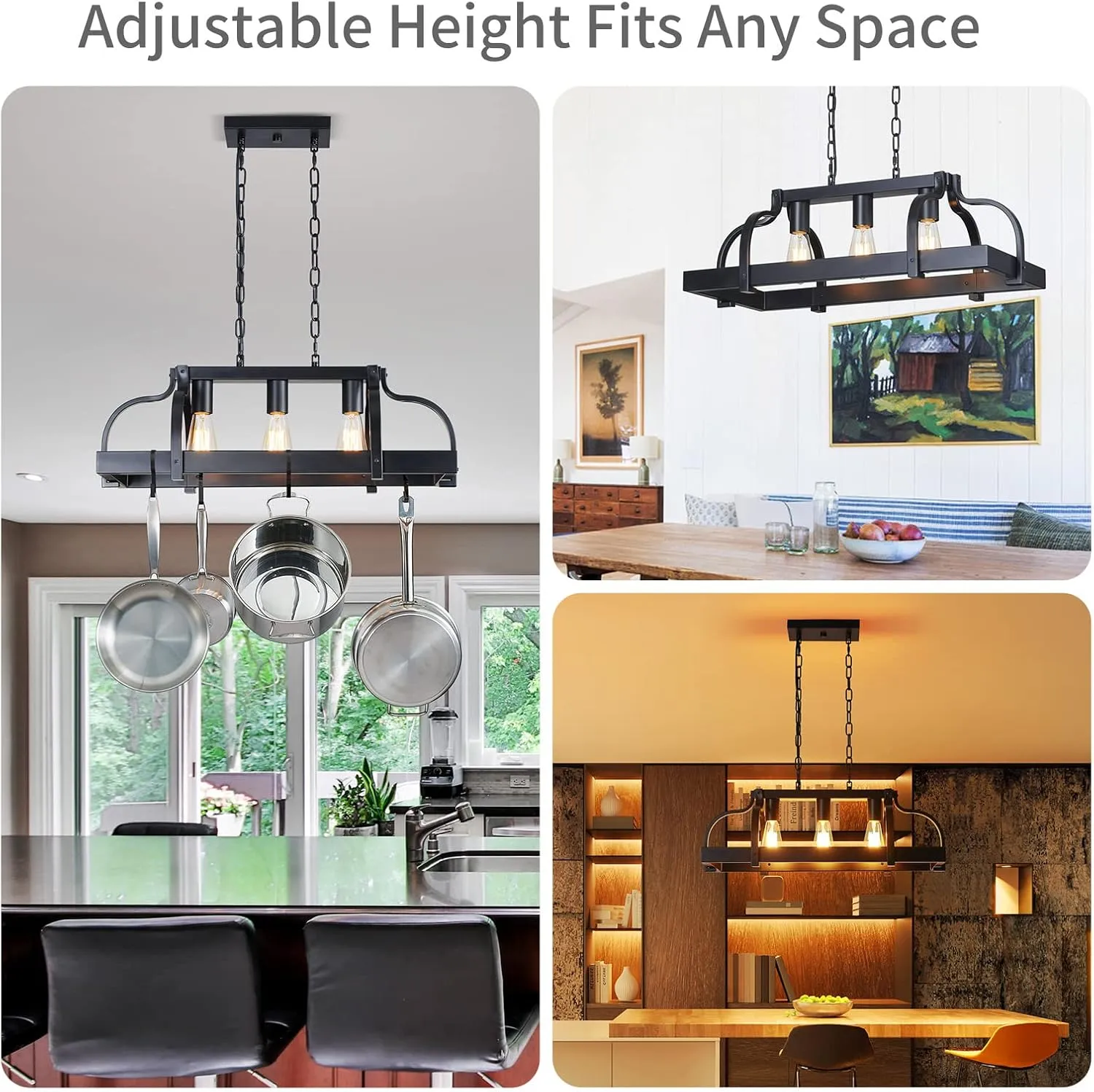 WUZUPS 3-Light Metal Pot Hanging Rack Chandelier Linear Pendant Ceiling Lighting Rustic Farmhouse Fixture Kitchen Island Dining Room, H 9.8" L 24.8" W11.8, E26 Base, Black