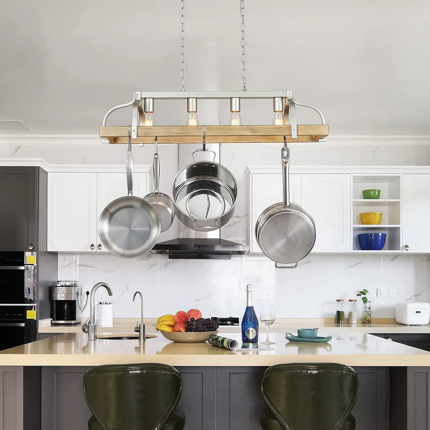 WUZUPS 4-Light Metal Pot Hanging Rack Chandelier Imitation Light Wood Grain Linear Pendant Ceiling Lighting Rustic Farmhouse Fixture Kitchen Island Dining Room, H 9.8" L 34.6" W11.8, E26 Base, Nickel