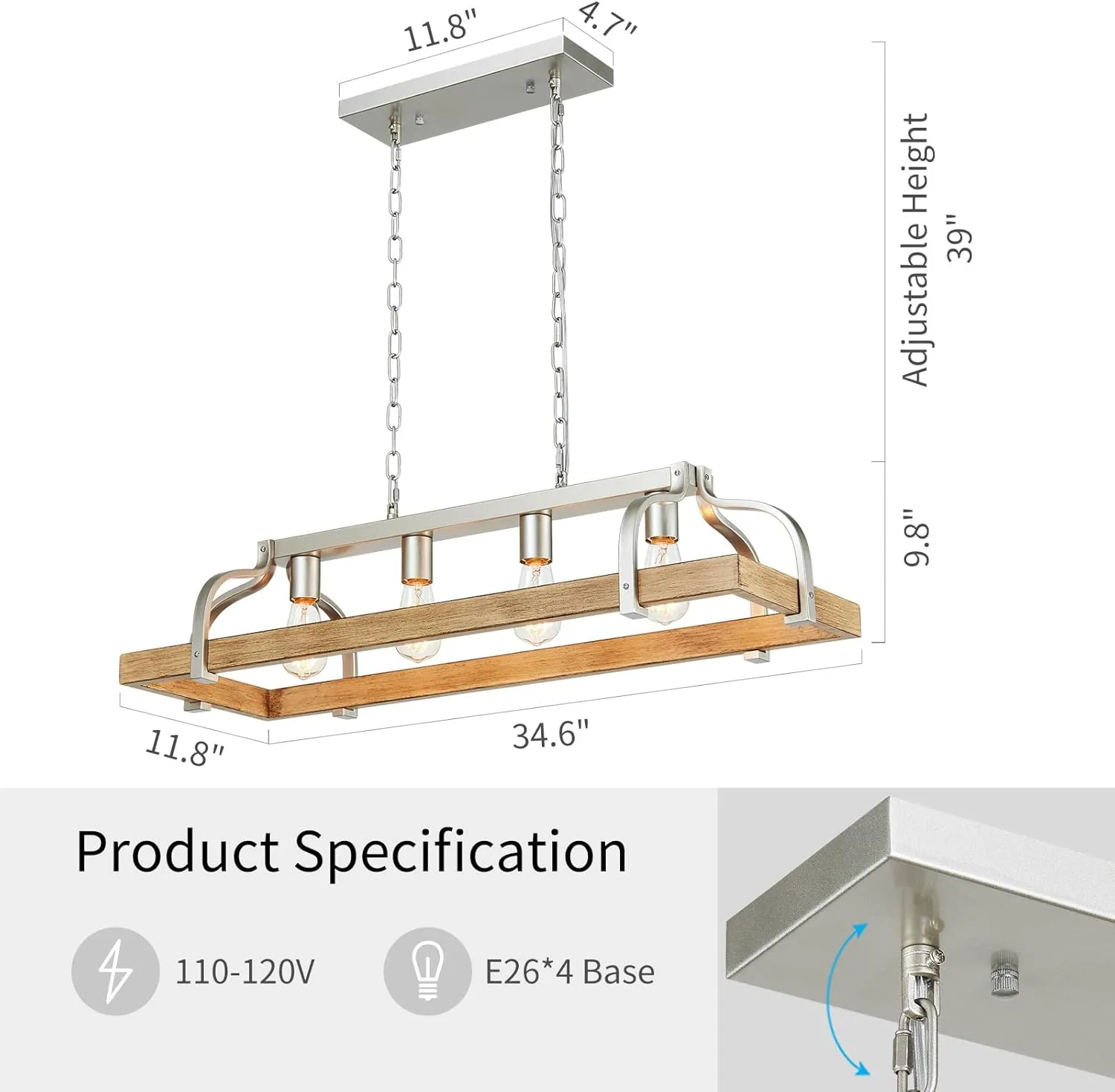 WUZUPS 4-Light Metal Pot Hanging Rack Chandelier Imitation Light Wood Grain Linear Pendant Ceiling Lighting Rustic Farmhouse Fixture Kitchen Island Dining Room, H 9.8" L 34.6" W11.8, E26 Base, Nickel