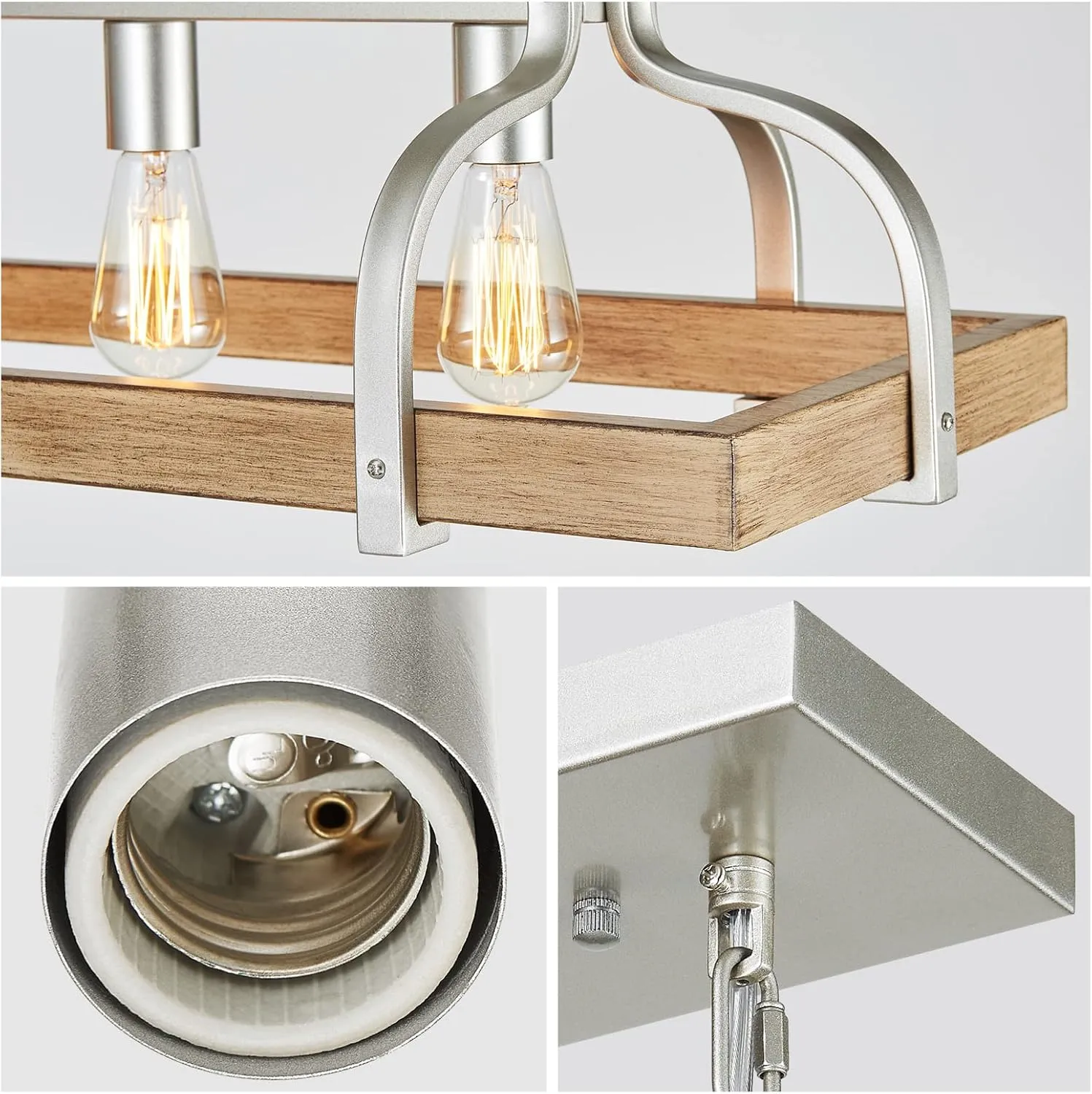 WUZUPS 4-Light Metal Pot Hanging Rack Chandelier Imitation Light Wood Grain Linear Pendant Ceiling Lighting Rustic Farmhouse Fixture Kitchen Island Dining Room, H 9.8" L 34.6" W11.8, E26 Base, Nickel